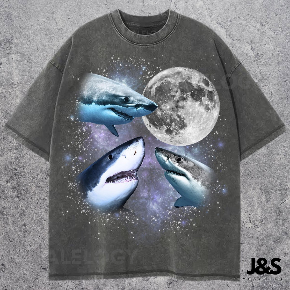 Three Sharks Vintage Graphic T-shirts Retro Shark Moon Tshirt Skark Ocean Lovers Funny Graphic Tee Oversized Washed Tee Weirdcore Shirt_473