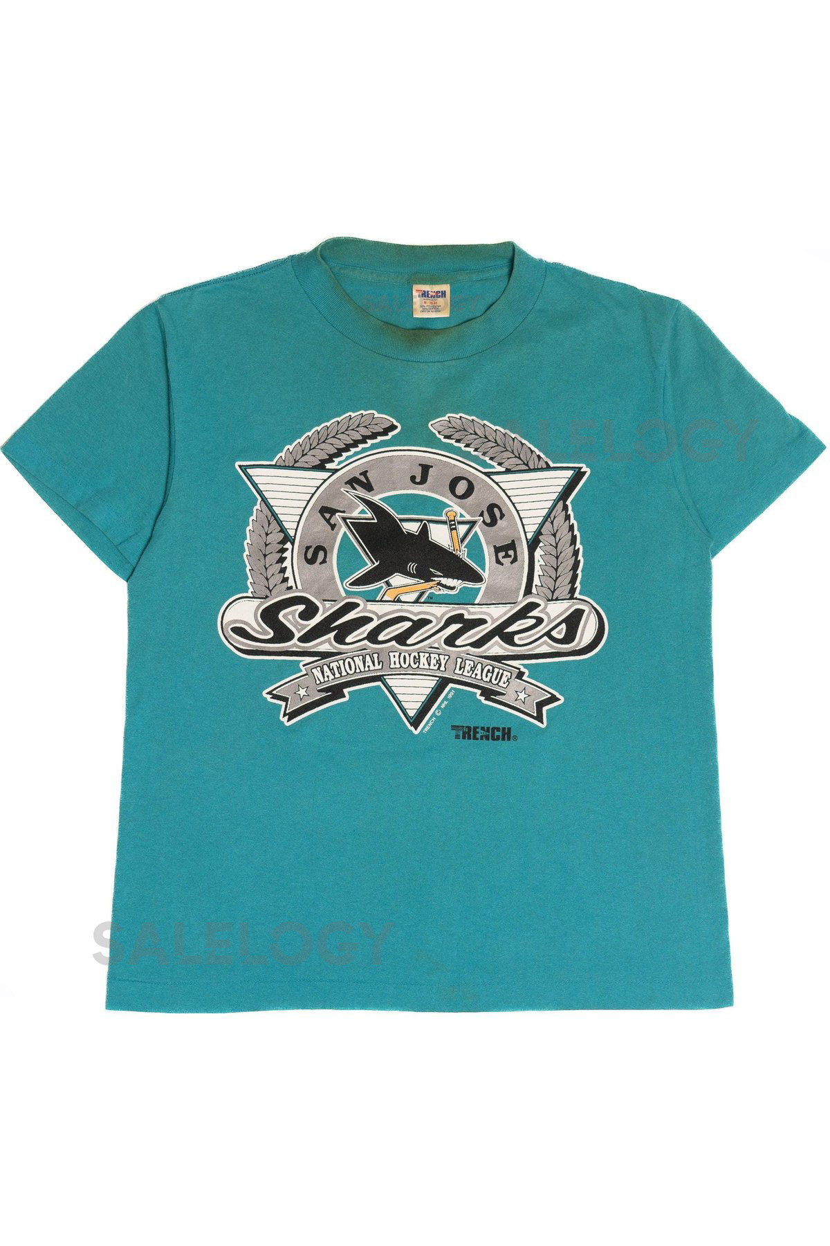 Vintage San Jose Sharks NHL Hockey Single Stitch Trench T-Shirt 1990s_629