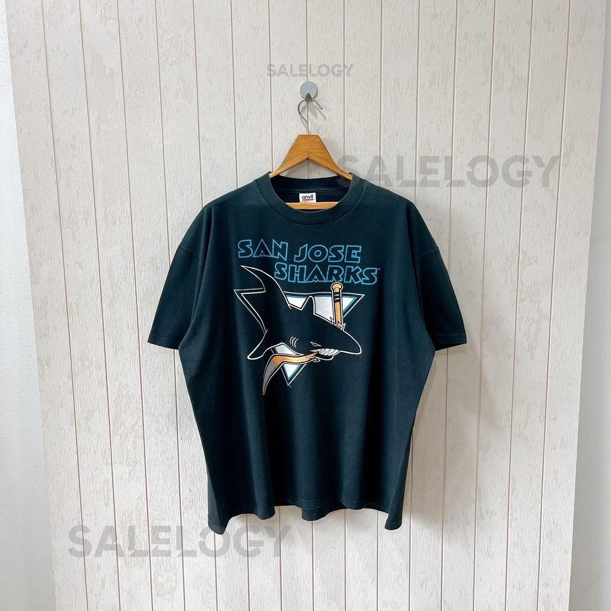 Vintage 90s San Jose Sharks T-Shirt Anvil Made NHL Black XXL_608