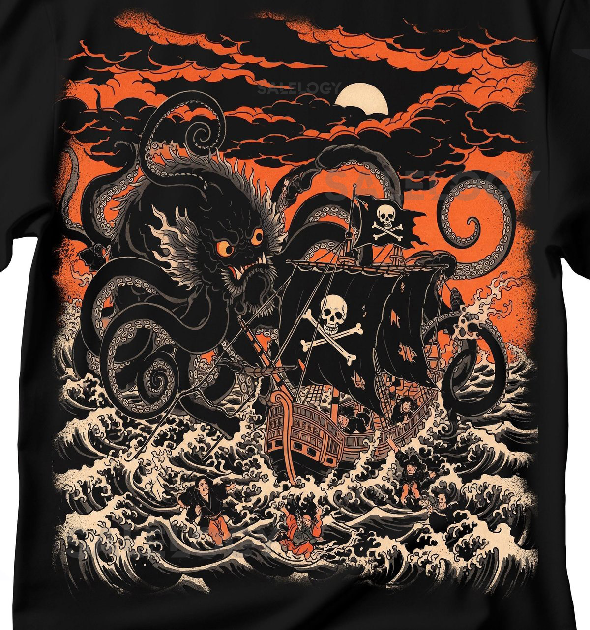 Japanese Kraken T-Shirt Octopus vs Pirate Ship Sailor Style_142