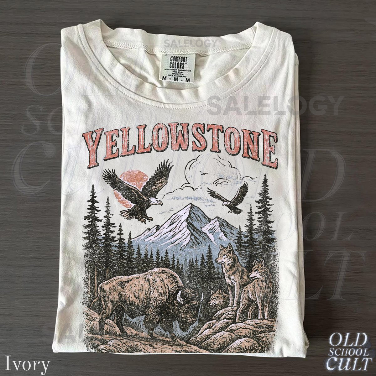 Yellowstone National Park Vintage 90s Stlye T-Shirt Wildlife Graphic Tee with Bison Wolves Eagles 90s Hiking Nature Shirt Comfort Colors_683