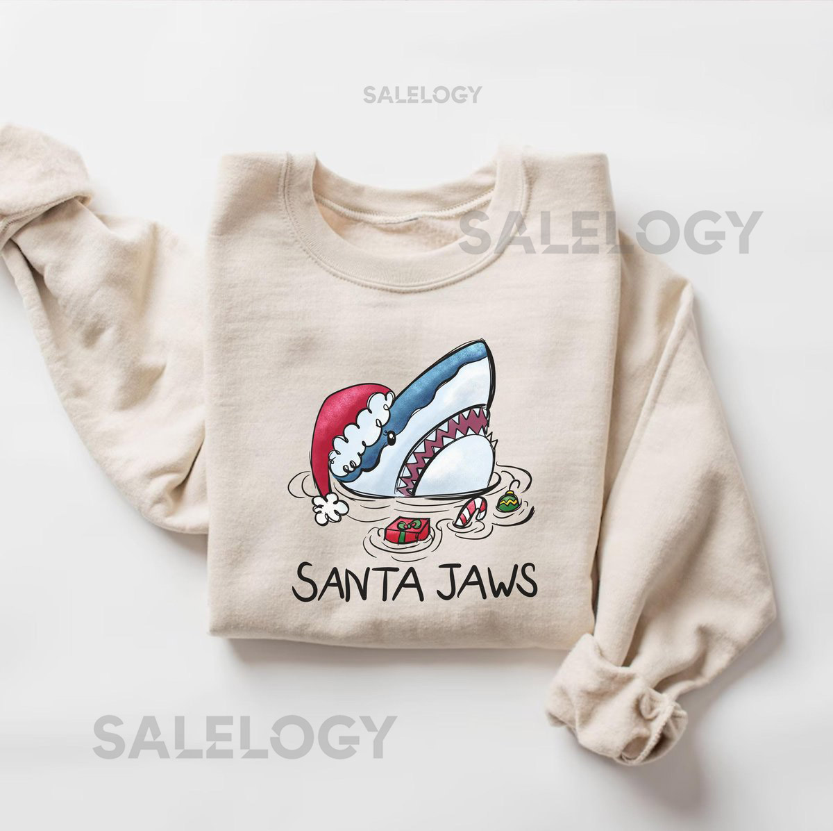 Santa Jaws Shark Christmas Sweatshirt Funny Holiday Shark Lover Shirt Cute Ocean Xmas Hoodie Beach Christmas Gift Shark Christmas_273