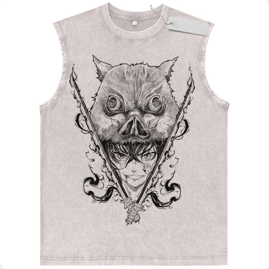 Inosuke Boar Mask Graphic Demon Slayer Tank Top Vintage Wash Streetwear Gym Unisex