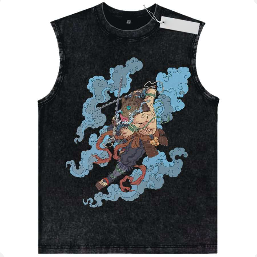 Inosuke Japanese Cloud Graphic Demon Slayer Tank Top Vintage Wash Casual Streetwear Unisex