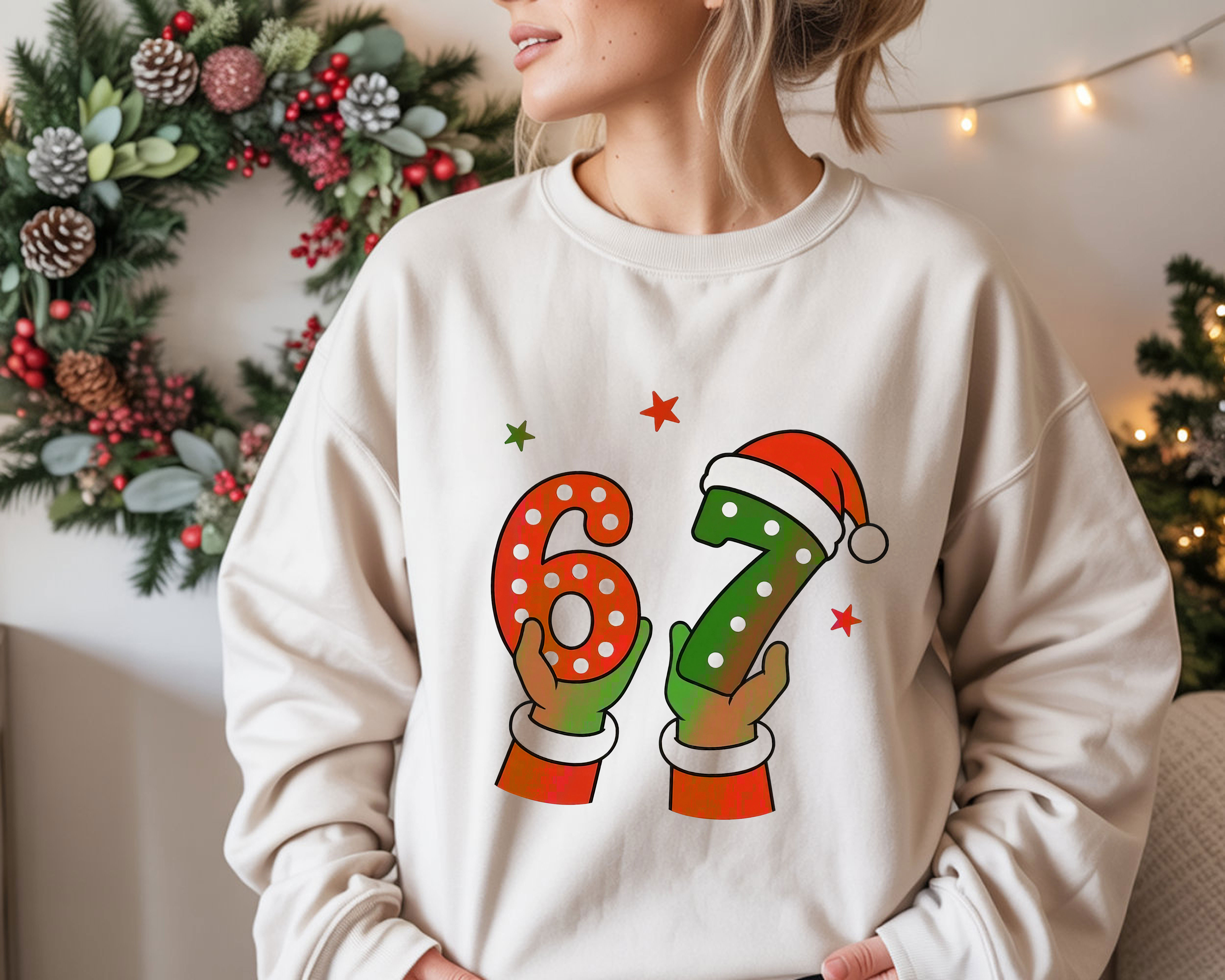 Santa Hands 6 7 Number Art Design Christmas Minimalist Cute T-Shirt, Hoodie & Sweatshirt