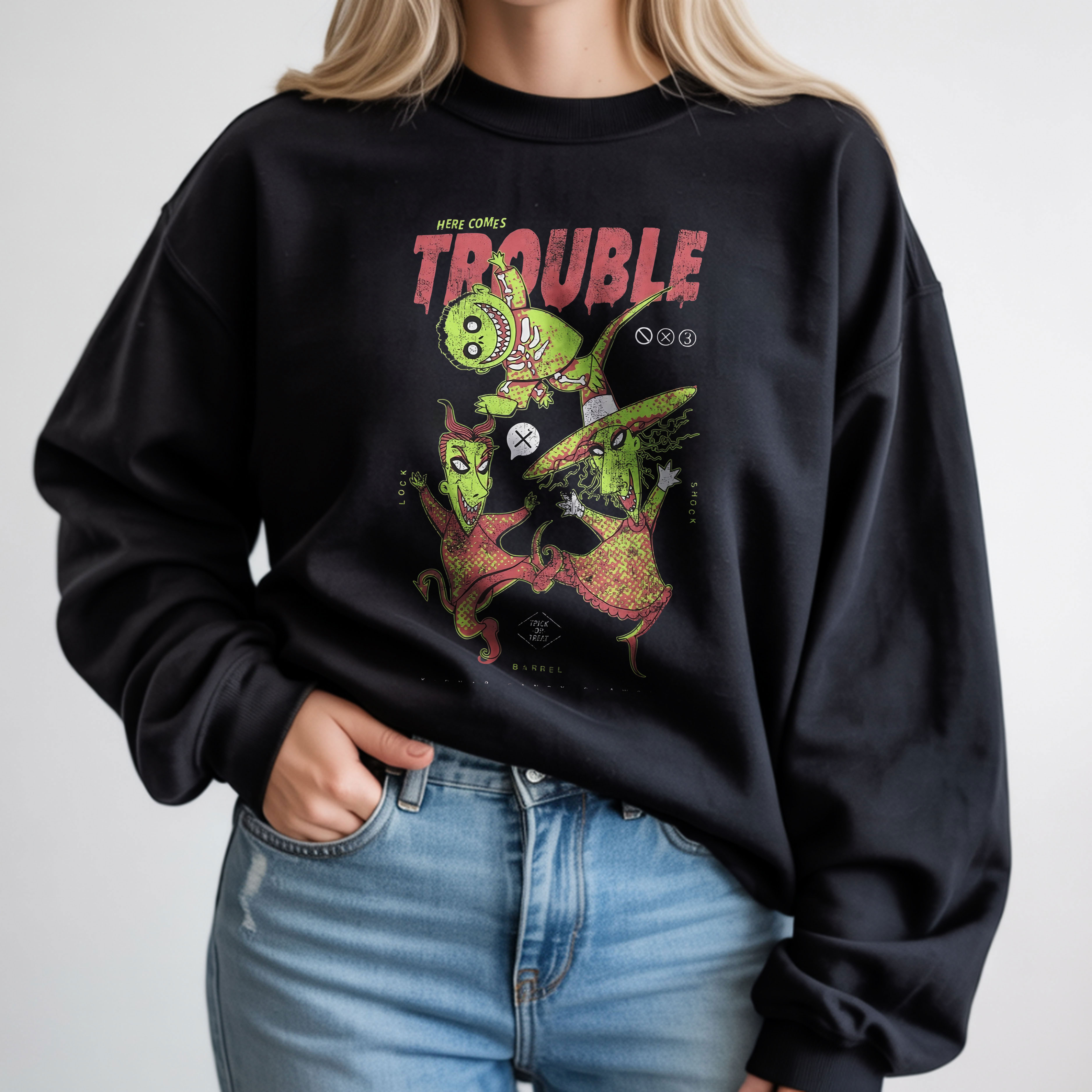 Lock Shock Barrel Trio Design Here Comes Trouble Halloween Retro T-Shirt, Hoodie & Sweatshirt