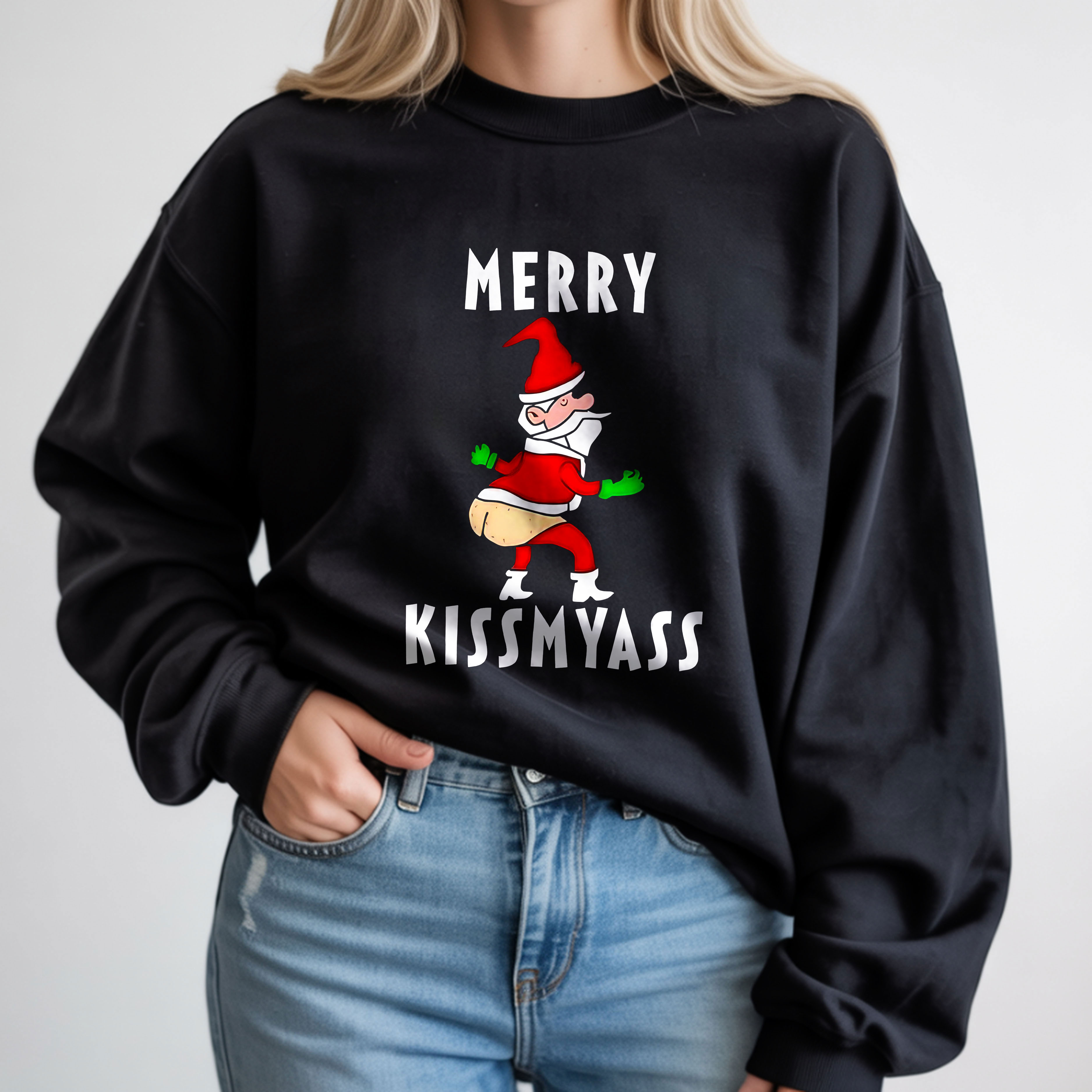 Merry Kissmyass Funny Santa Design Christmas Humor Vintage T-Shirt, Hoodie & Sweatshirt