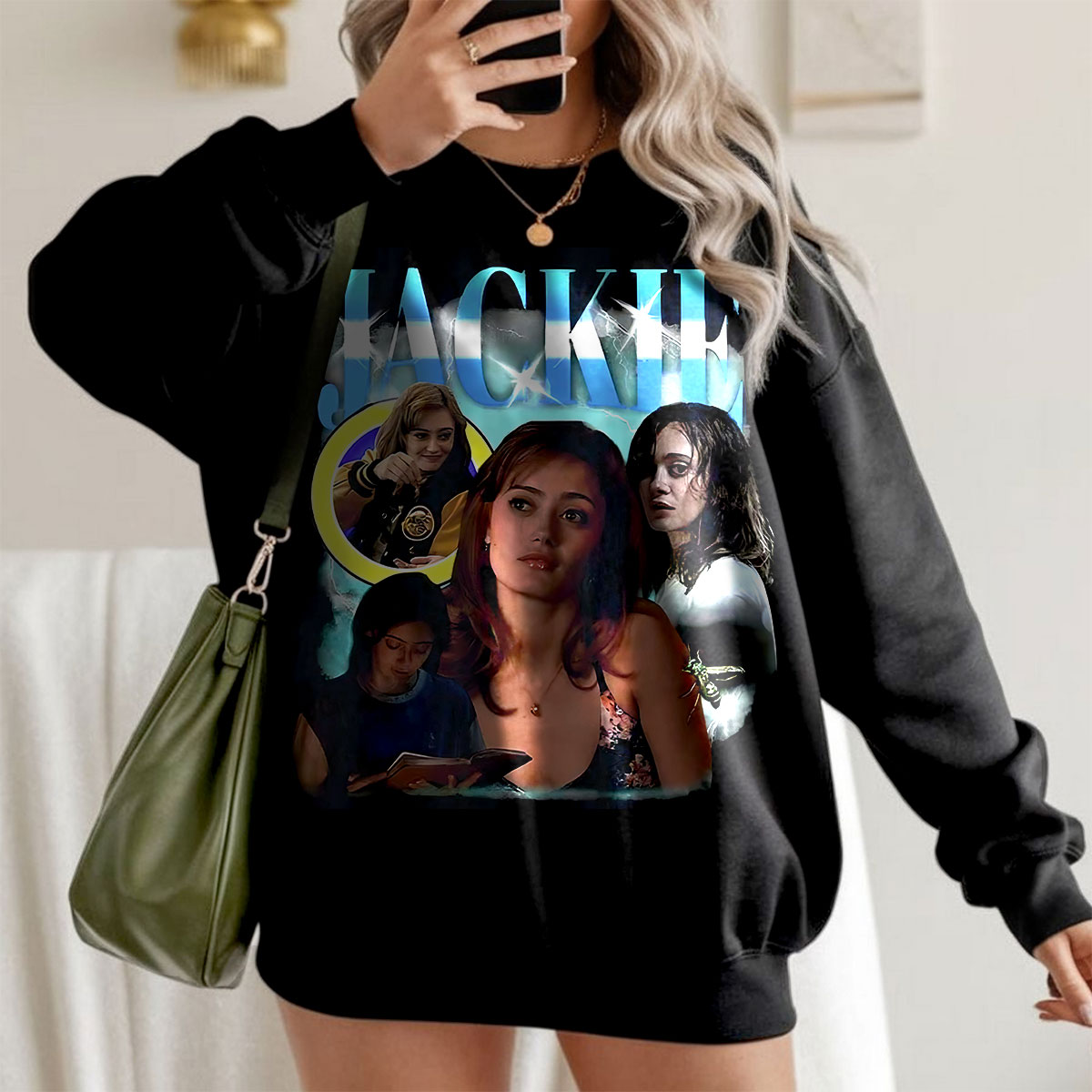 Jackie Collage Graphic Sweatshirt, Retro Movie Character Fan Art Pullover, Vintage Style Tee, Unisex Pop Culture Outfit, T-Shirt, Hoodie & Sweatshirt