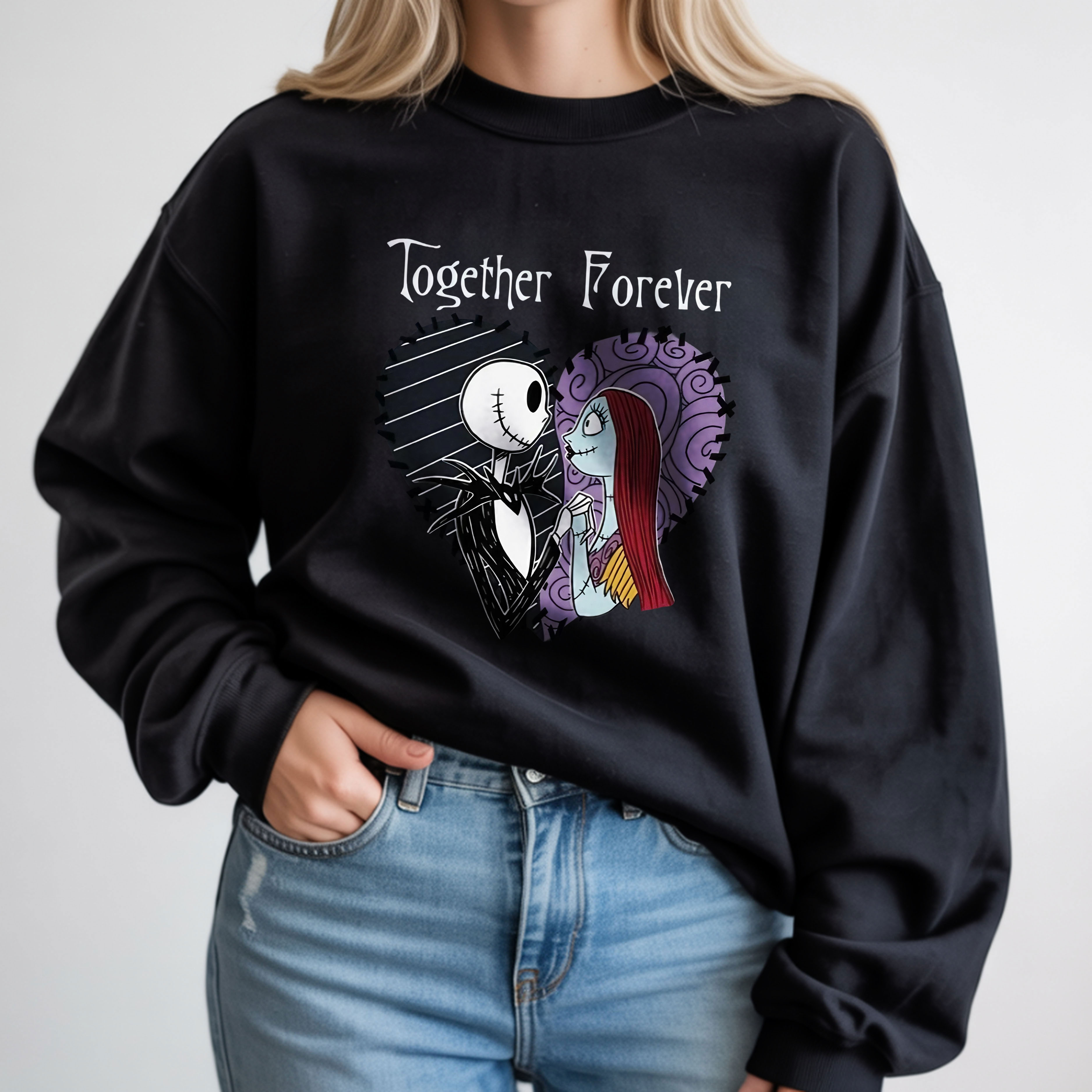 Nightmare Before Christmas Jack and Sally Together Forever Graphic Sweatshirt – Halloween Love Art Tee, T-Shirt, Hoodie & Sweatshirt