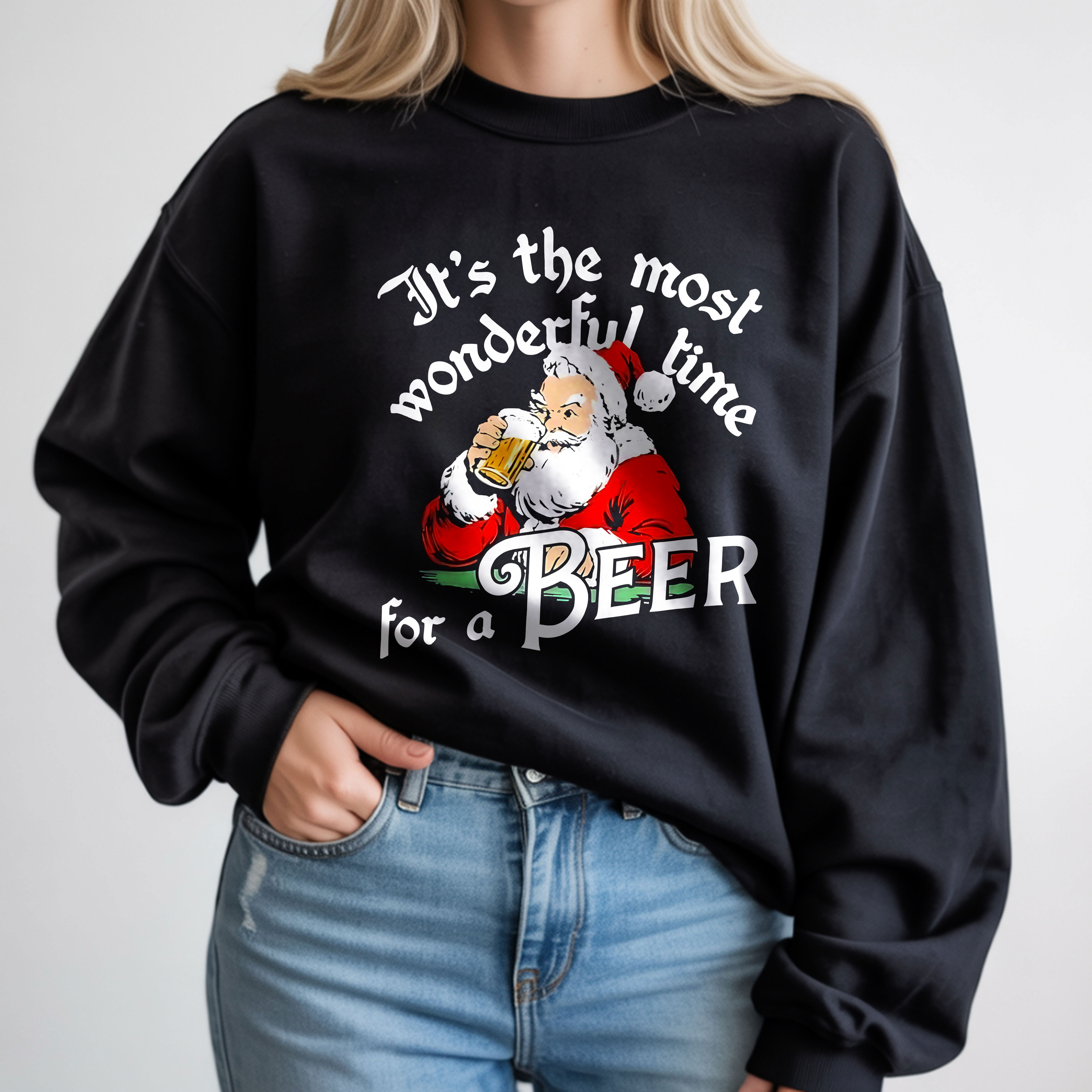 Most Wonderful Time For A Beer Santa Drinking Design Christmas Party Retro T-Shirt, Hoodie & Sweatshirt