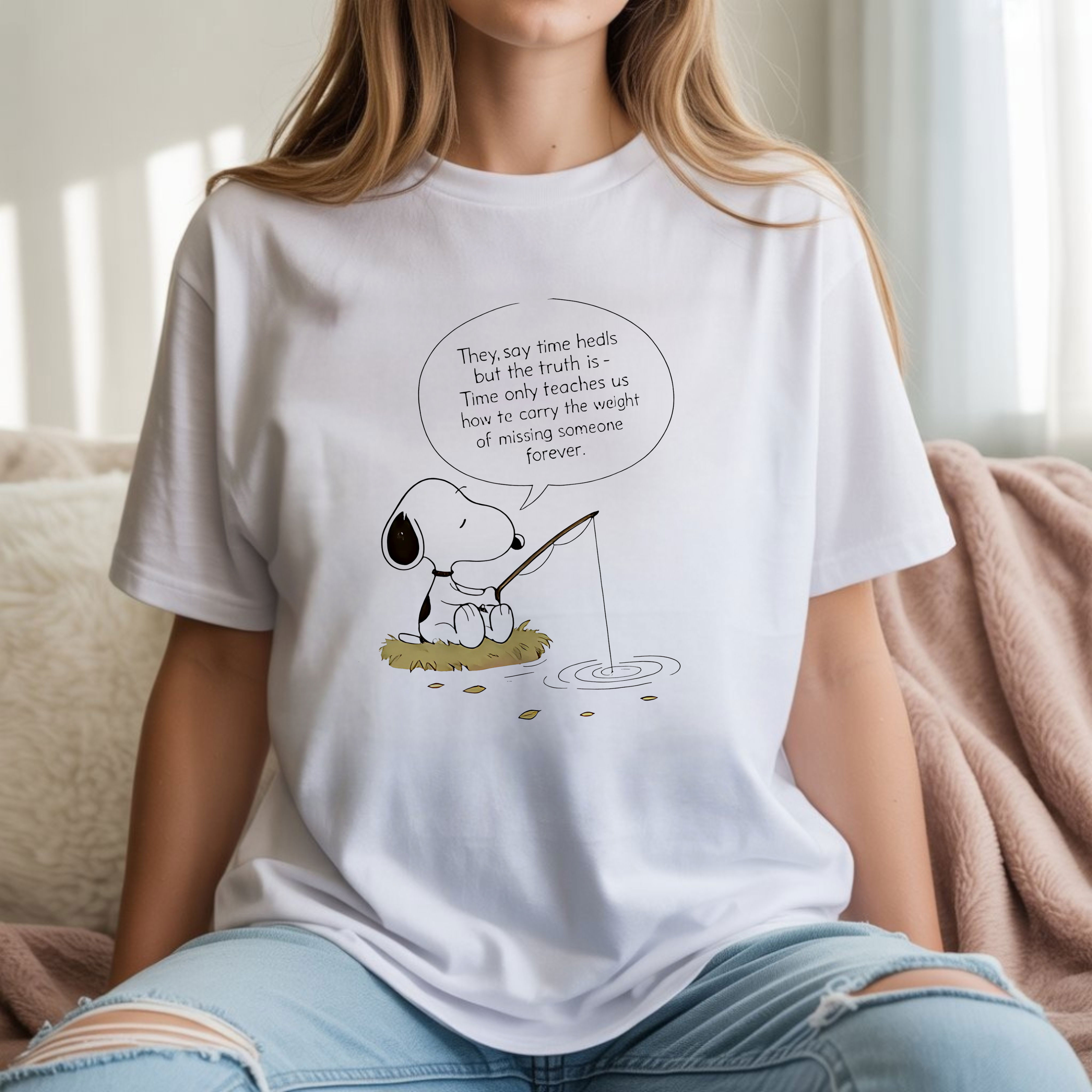 Snoopy They Say Time Heals but the Truth Is Missing Someone Forever Emotional Grief Quote Cartoon T-Shirt, Hoodie & Sweatshirt