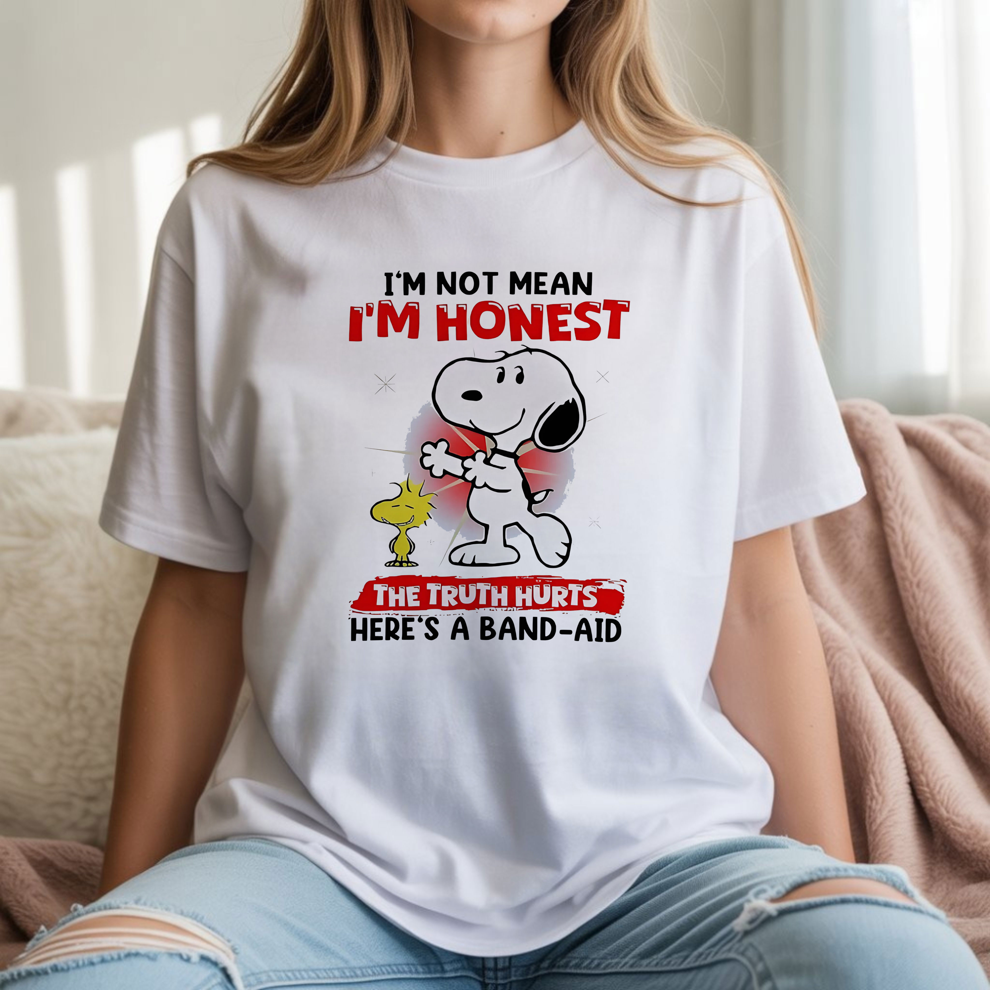 Snoopy I’m Not Mean I’m Honest The Truth Hurts Here’s a Band-Aid Funny Sarcastic Quote Cartoon Graphic T-Shirt, Hoodie & Sweatshirt