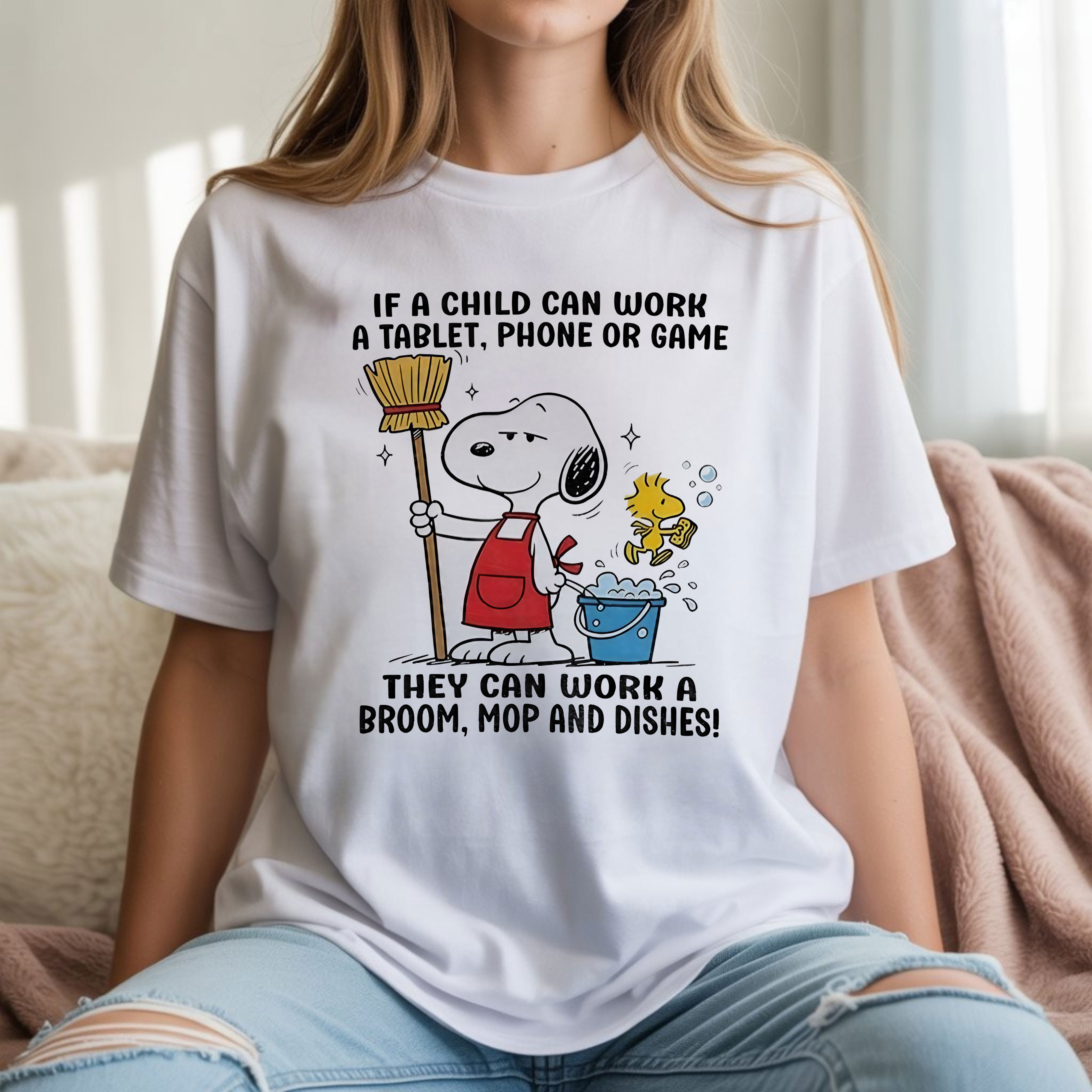 Snoopy If a Child Can Work a Tablet Phone or Game They Can Work a Broom Mop and Dishes Funny Parenting Quote Cartoon Apparel – T-Shirt, Hoodie & Sweatshirt