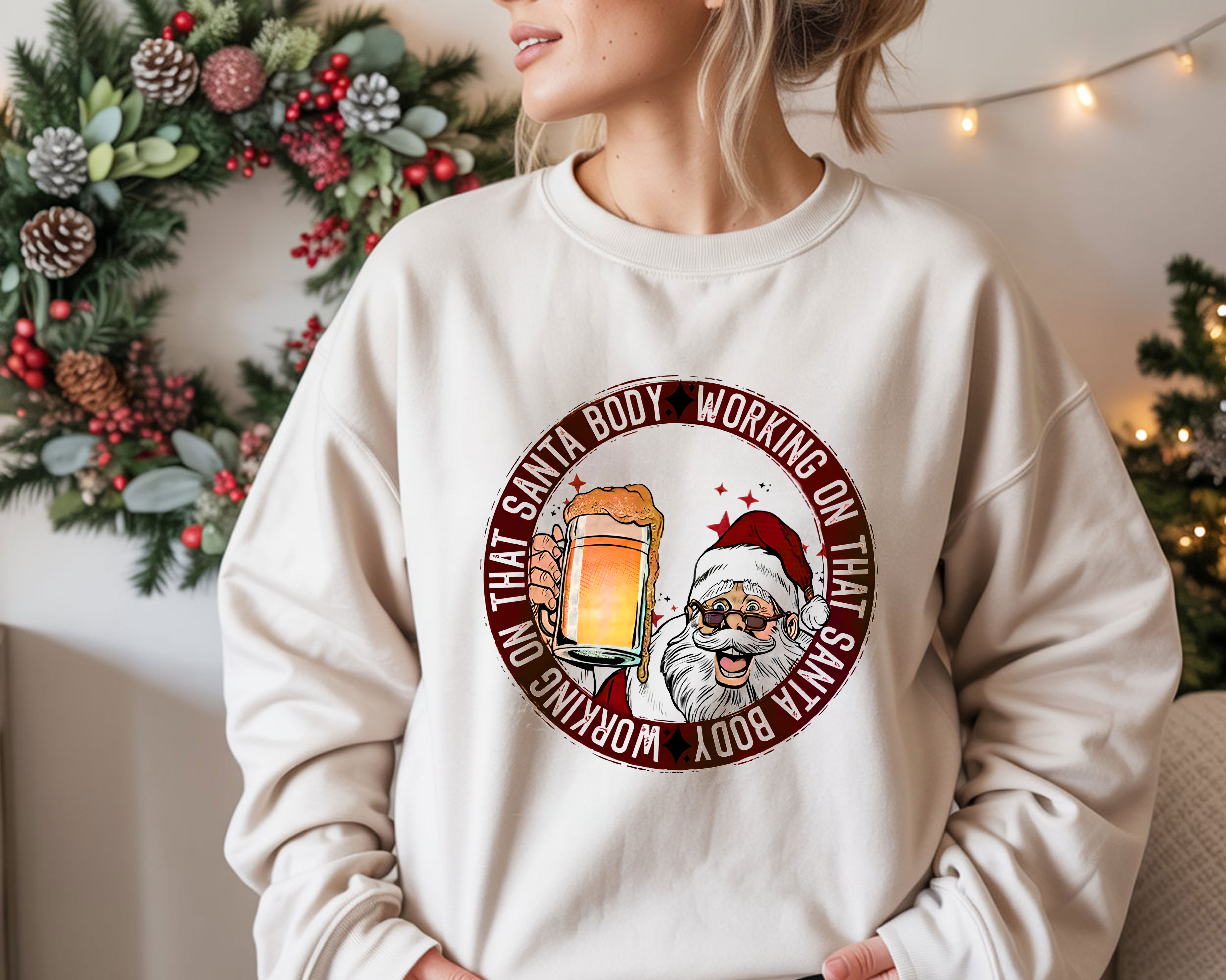 Working On That Santa Body Beer Mug Design Christmas Drinking Humor T-Shirt, Hoodie & Sweatshirt