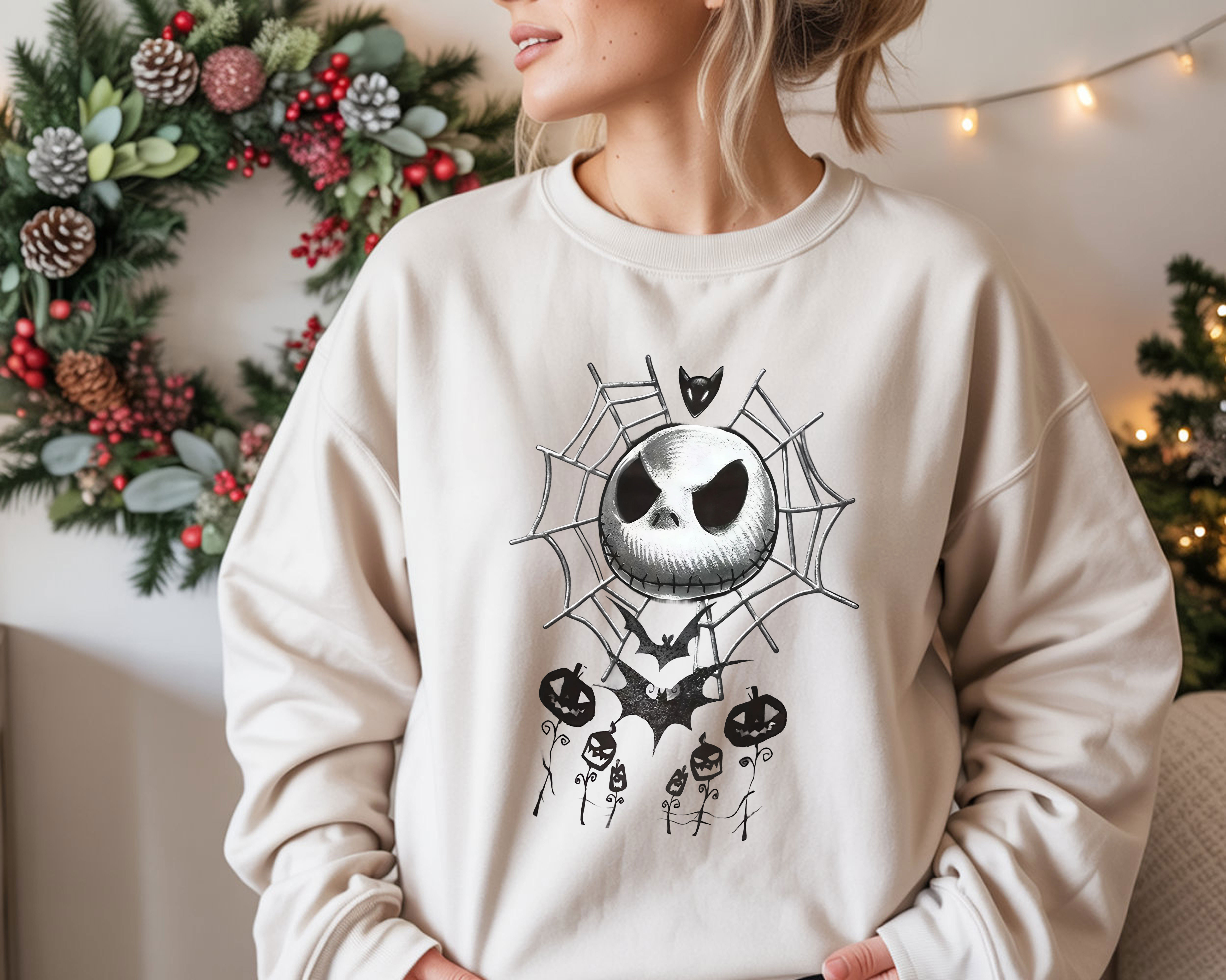 Nightmare Before Christmas Jack Skellington Spider Web Halloween Graphic Sweatshirt – Spooky Art Tee, T-Shirt, Hoodie & Sweatshirt