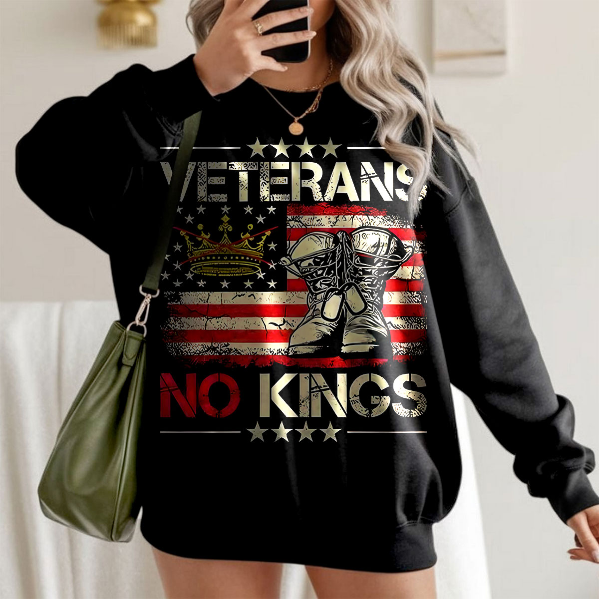 Veterans No Kings American Flag Graphic Sweatshirt, Patriotic Army Pride Pullover, Military Support Tee, Unisex USA Apparel, T-Shirt, Hoodie & Sweatshirt