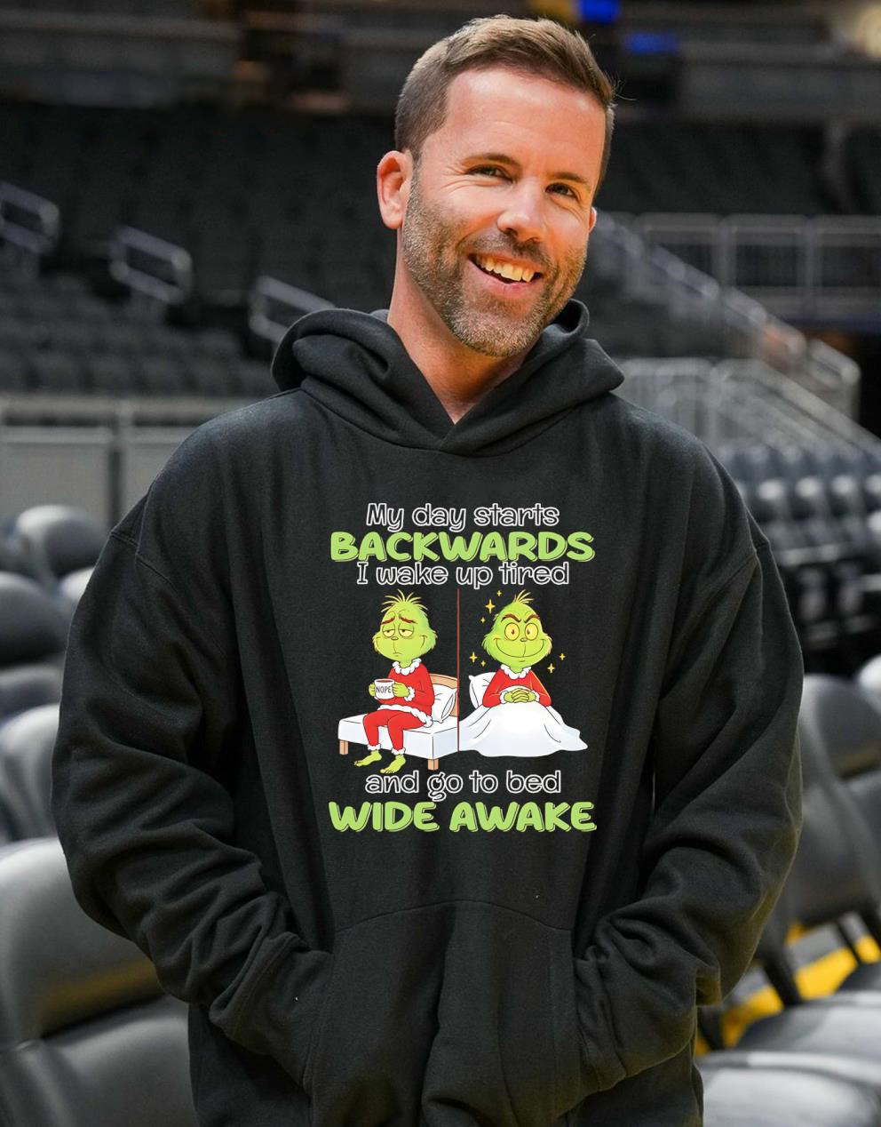 Grinch Quote Christmas T-Shirt – Funny My Day Starts Backwards I Wake Up Tired And Go To Bed Wide Awake Vintage Bootleg Holiday Tee