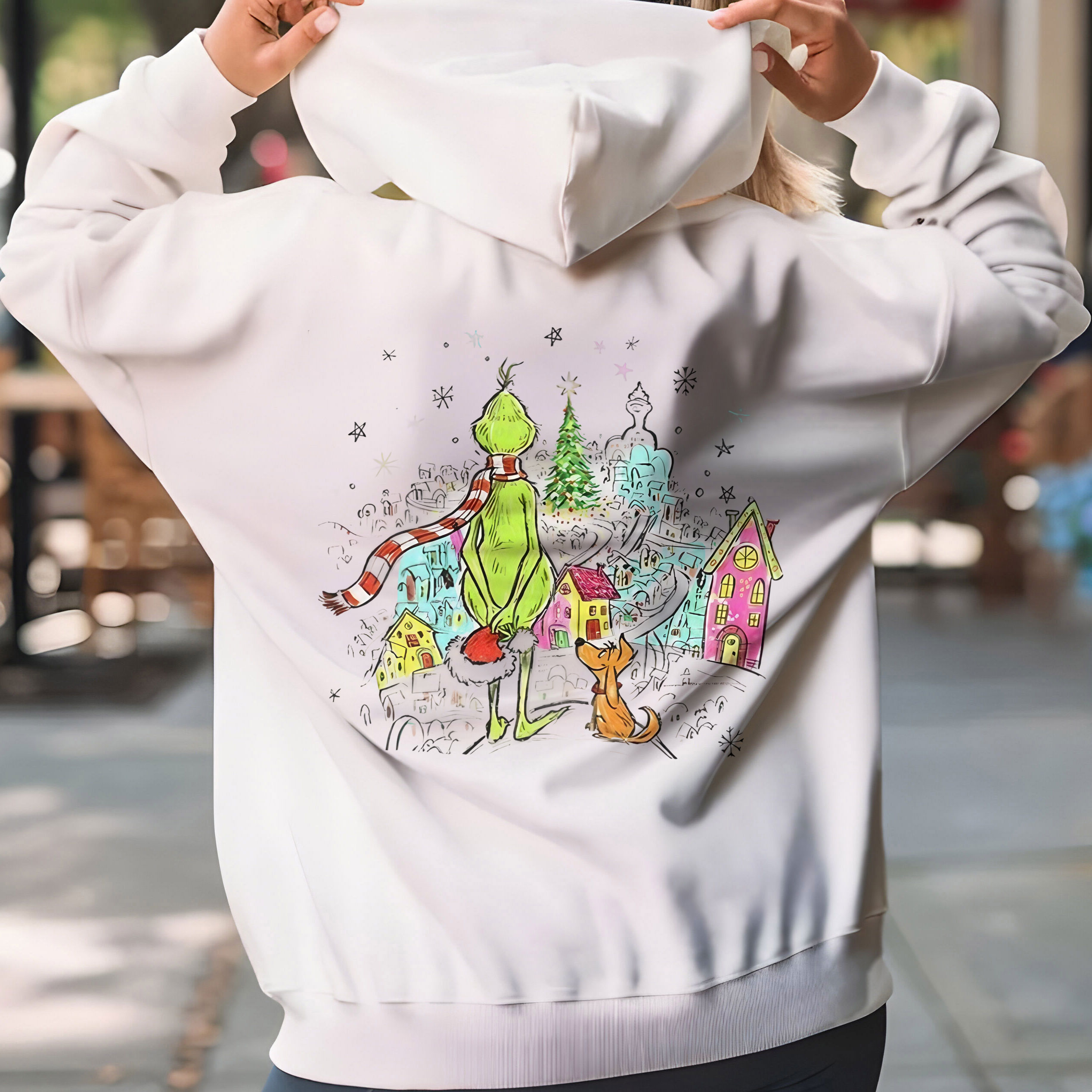 Grinch & Max Art Whoville Christmas T-Shirt – Cute Grinch Santa Hat Merry Christmas Vintage Bootleg Holiday Tee