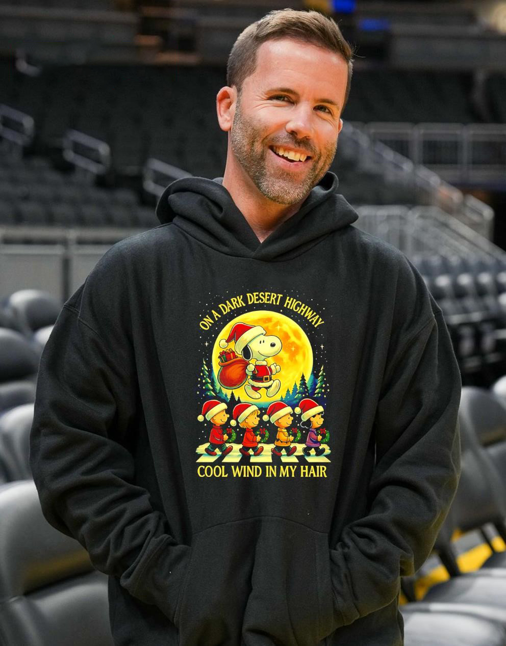 Peanuts Snoopy Christmas T-Shirt – On a Dark Desert Highway Cool Wind in My Hair Abbey Road Holiday Vintage Bootleg Tee