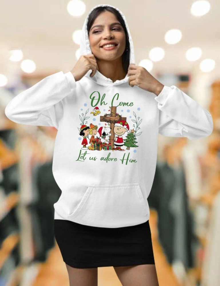 Peanuts Characters Oh Come Let Us Adore Him Christmas Nativity Faith Holiday Christian Cross Scene Vintage Bootleg Apparel – T-Shirt, Hoodie & Sweatshirt