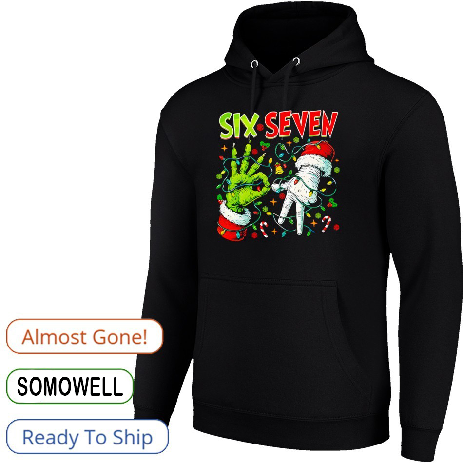 Funny Grinch Six Seven Christmas T-Shirt – Santa Hands Holiday Lights Meme Tee