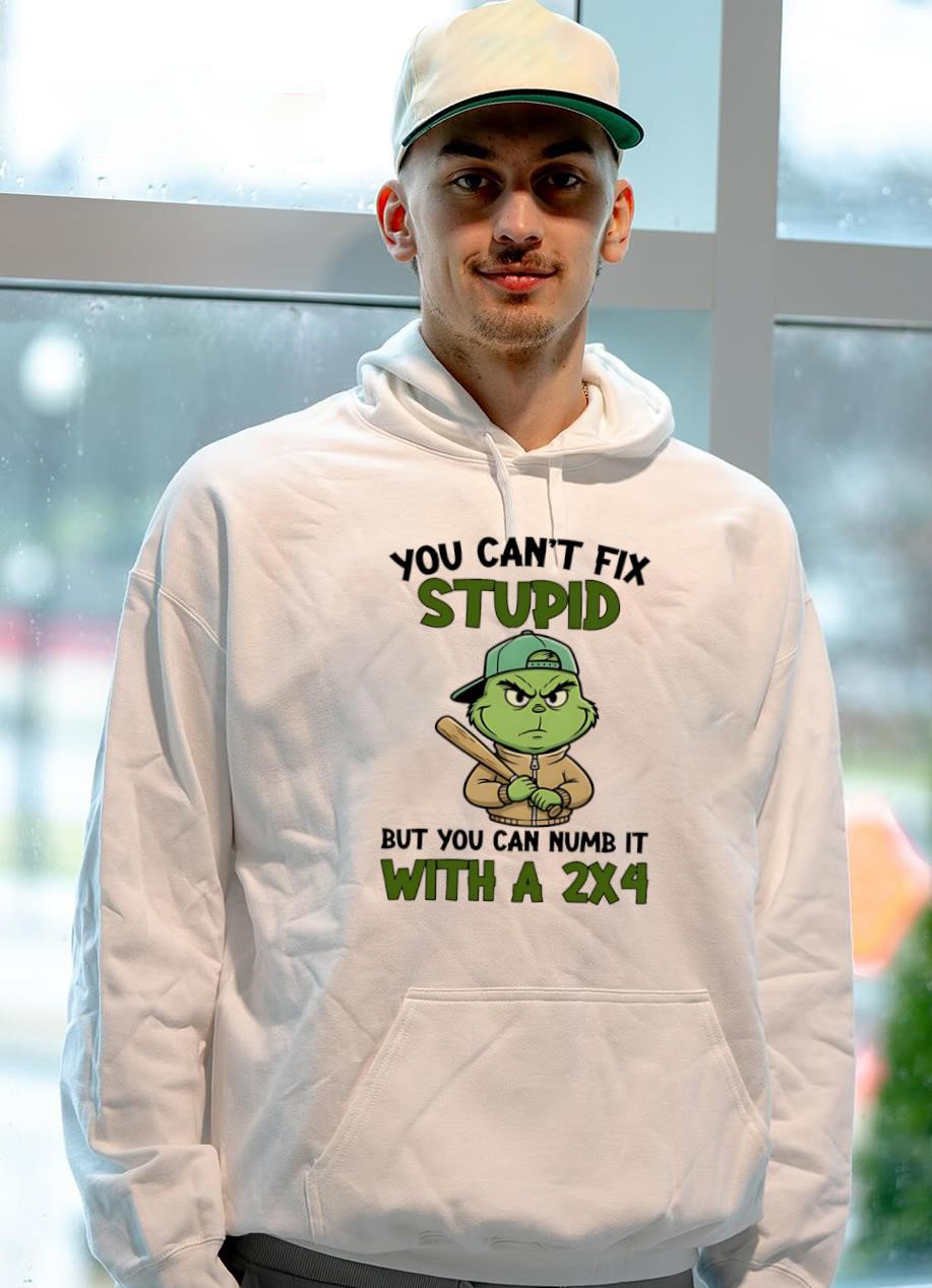 Funny Grinch You Can’t Fix Stupid T-Shirt – Sarcastic Christmas Humor Tee With A 2x4 Quote