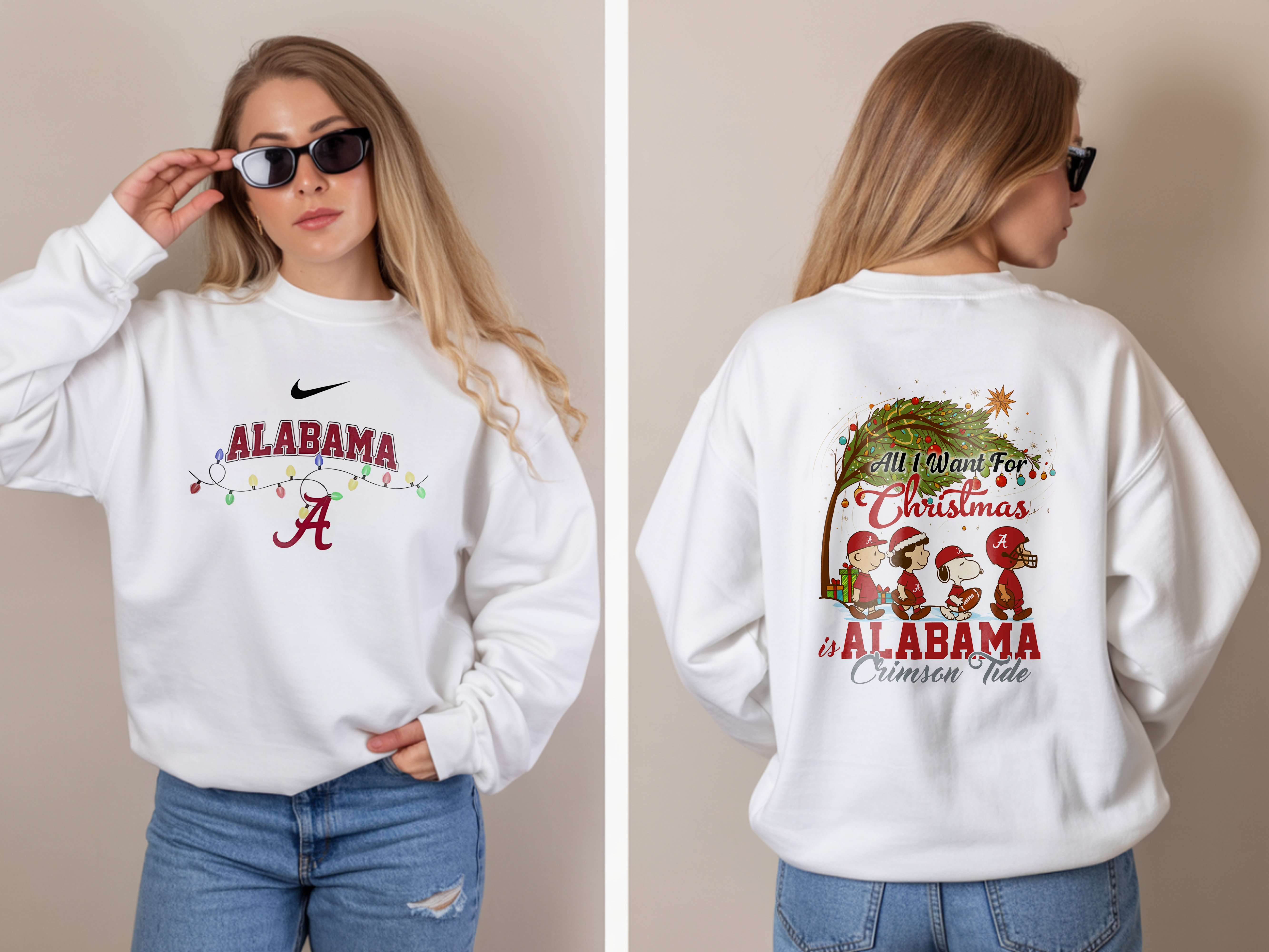 Snoopy Peanuts Alabama Crimson Tide All I Want for Christmas Sweatshirt, University of Alabama Holiday Lights Crewneck, 2-Sided Design
