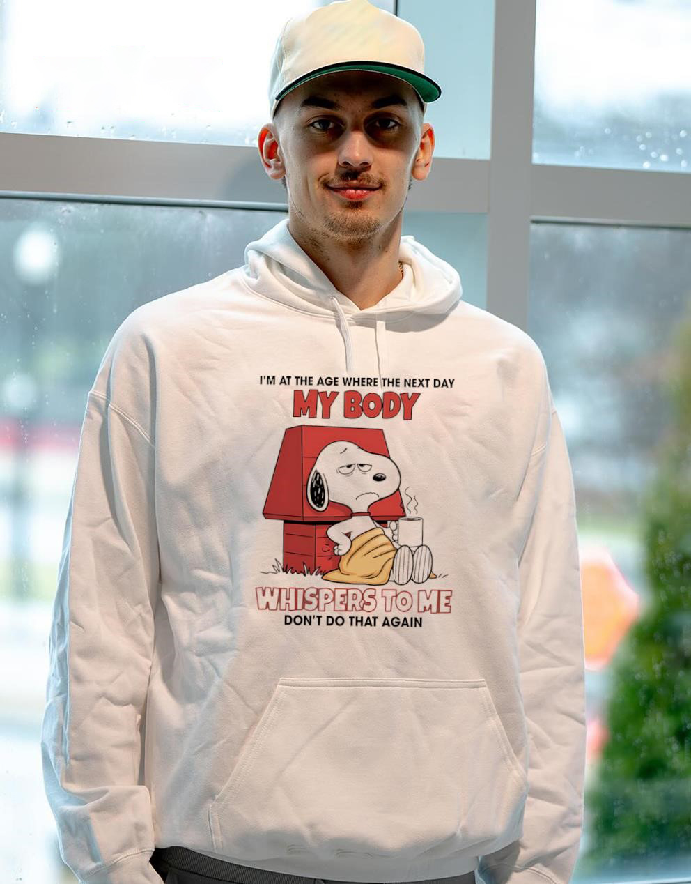 Peanuts Snoopy T-Shirt – Funny I’m At The Age Where My Body Whispers Don’t Do That Again Vintage Bootleg Aging Humor Tee