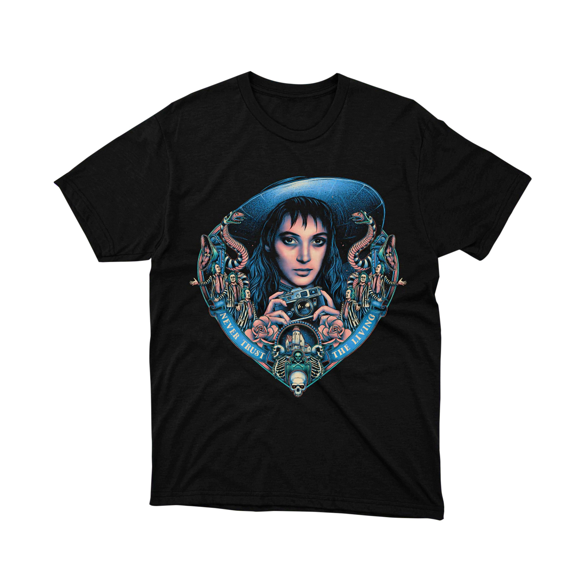 Beetlejuice Never Trust The Living Blue Photo Art Tee Shirt