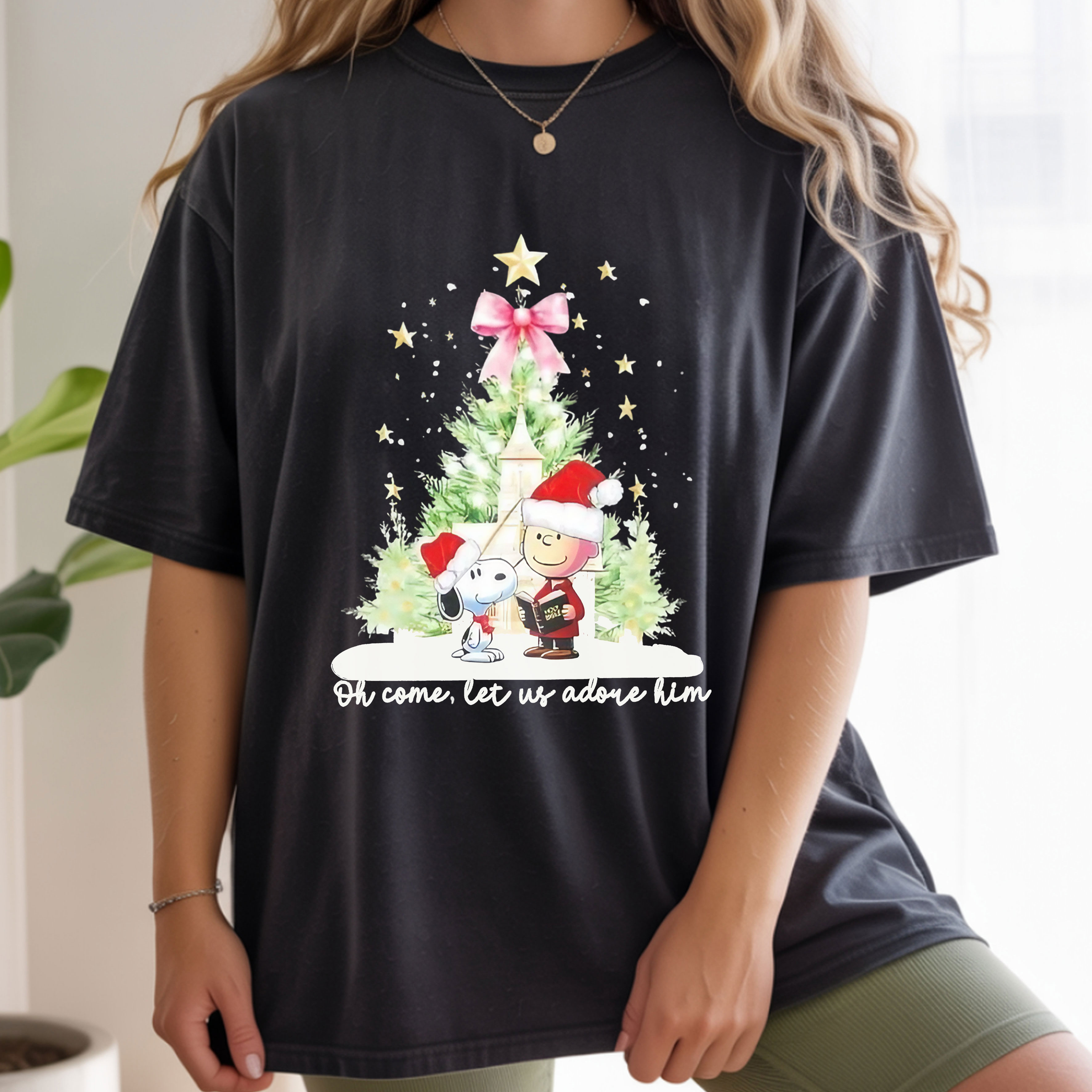 Snoopy and Charlie Brown Oh Come Let Us Adore Him Christmas Tree Christian Faith Holiday Vintage Bootleg Apparel – T-Shirt, Hoodie & Sweatshirt