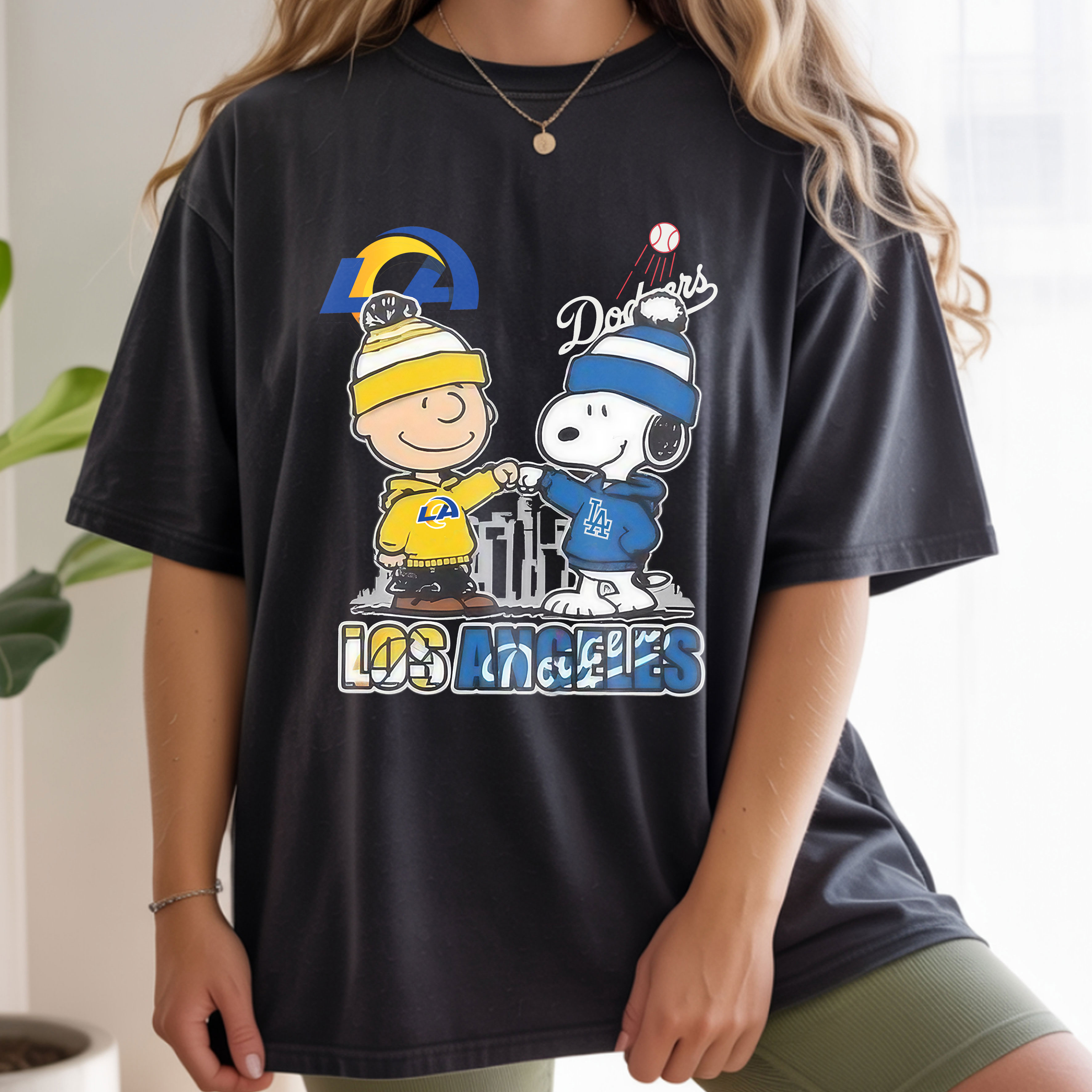 Charlie Brown Los Angeles Rams x Snoopy Los Angeles Dodgers Skyline 2025 NFL MLB Crossover Vintage Bootleg LA Pride Apparel – T-Shirt, Hoodie & Sweatshirt