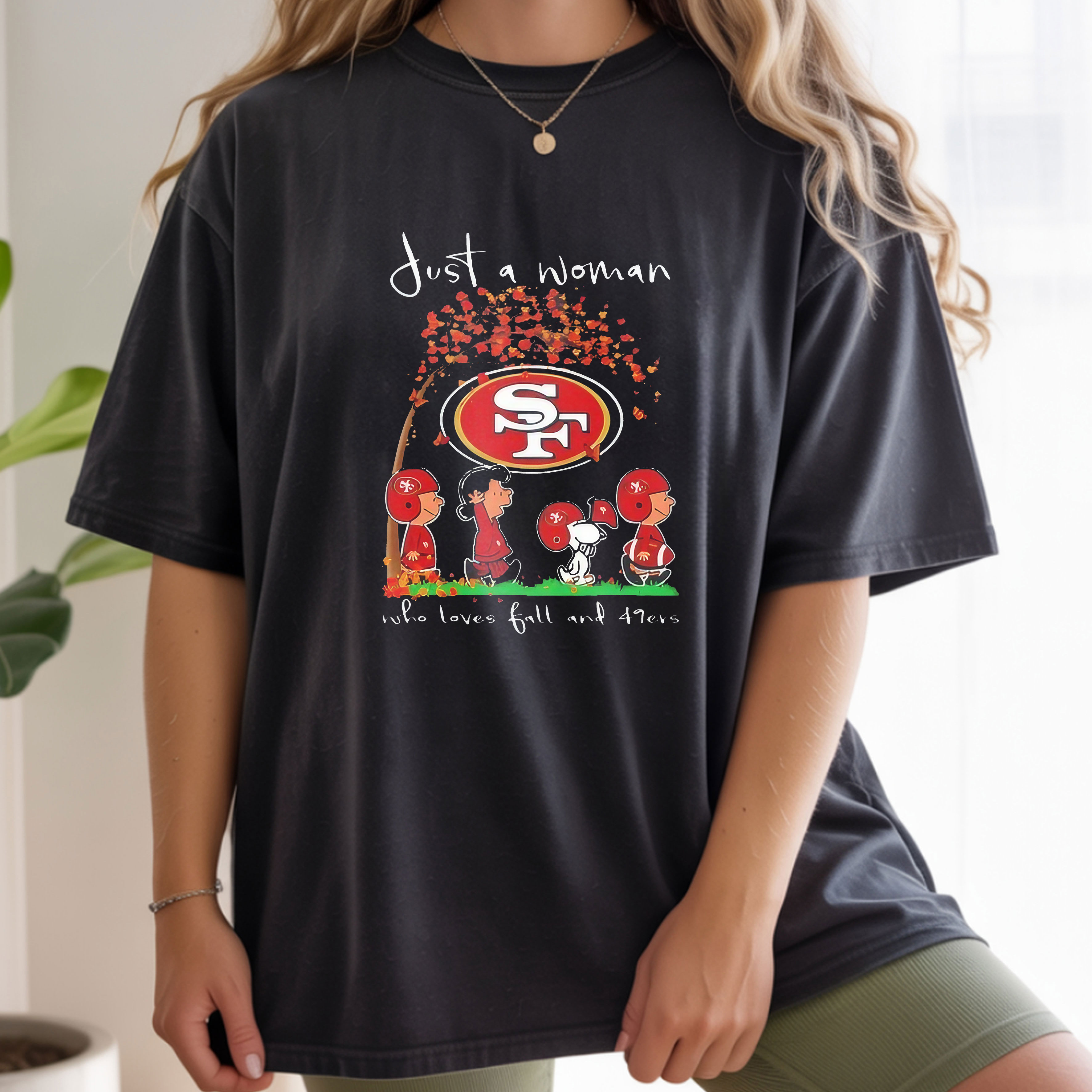 Peanuts Just a Woman Who Loves Fall and San Francisco 49ers Team Happy Fall NFL Football Autumn Vintage Bootleg Seasonal Apparel – T-Shirt, Hoodie & Sweatshirt