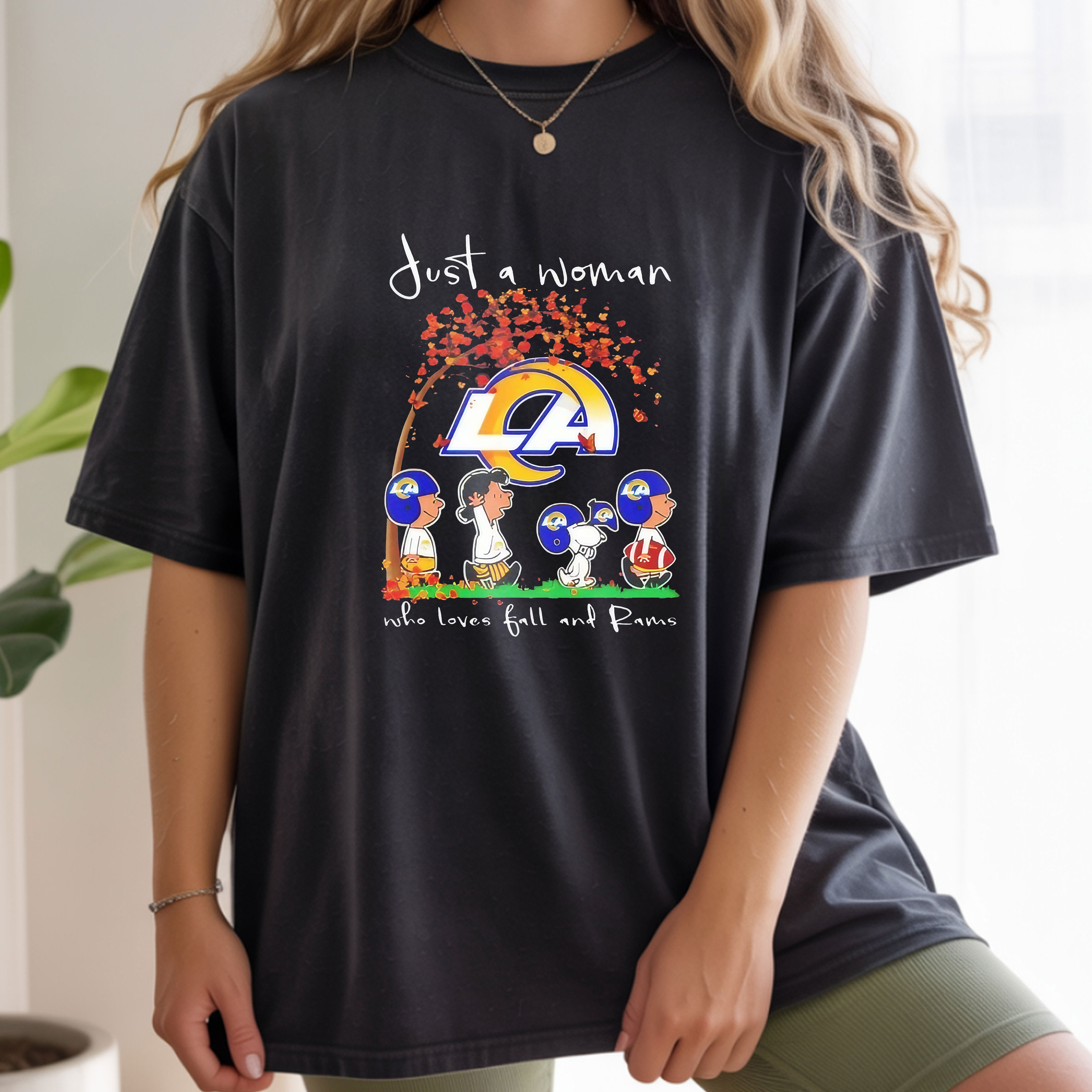 Peanuts Just a Woman Who Loves Fall and Los Angeles Rams Team Happy Fall NFL Football Autumn Vintage Bootleg Seasonal Apparel – T-Shirt, Hoodie & Sweatshirt