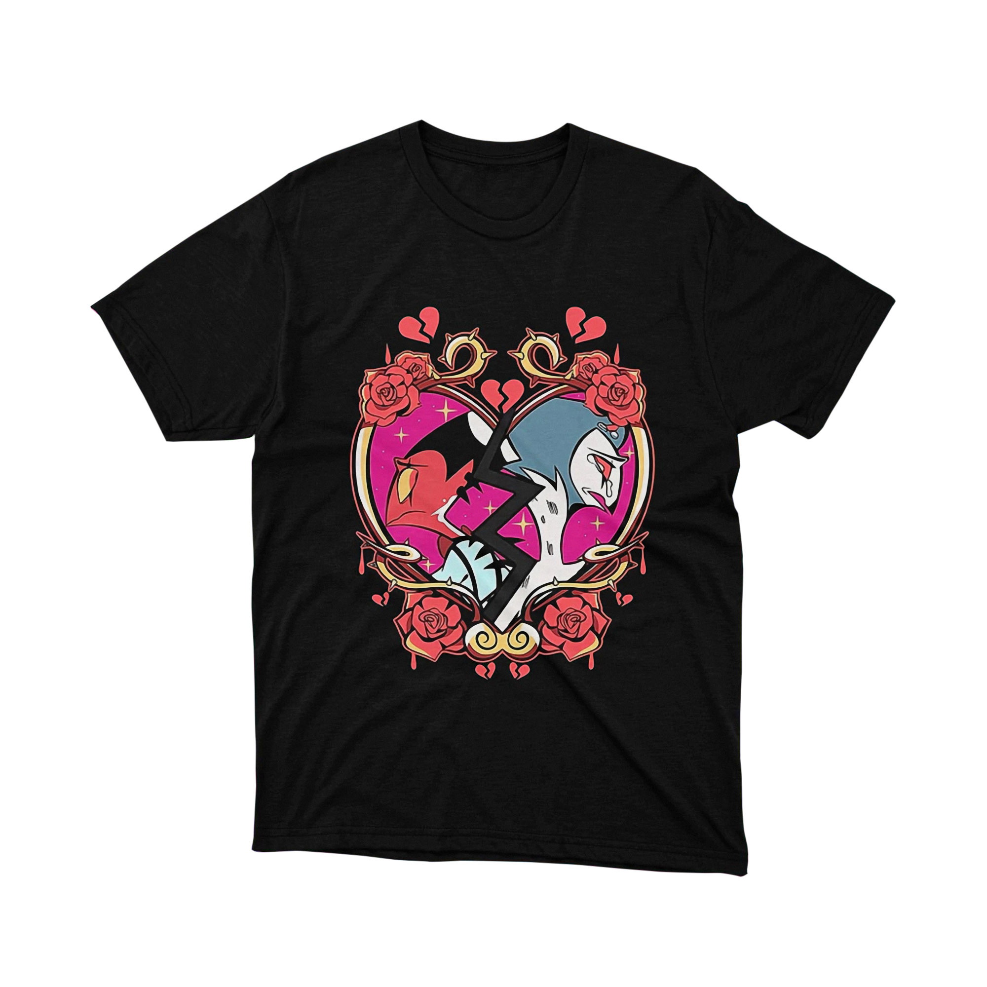 Broken Heart Rose Apple Fantasy Cute Fox Art Graphic Tee Red Tone Unisex Shirt