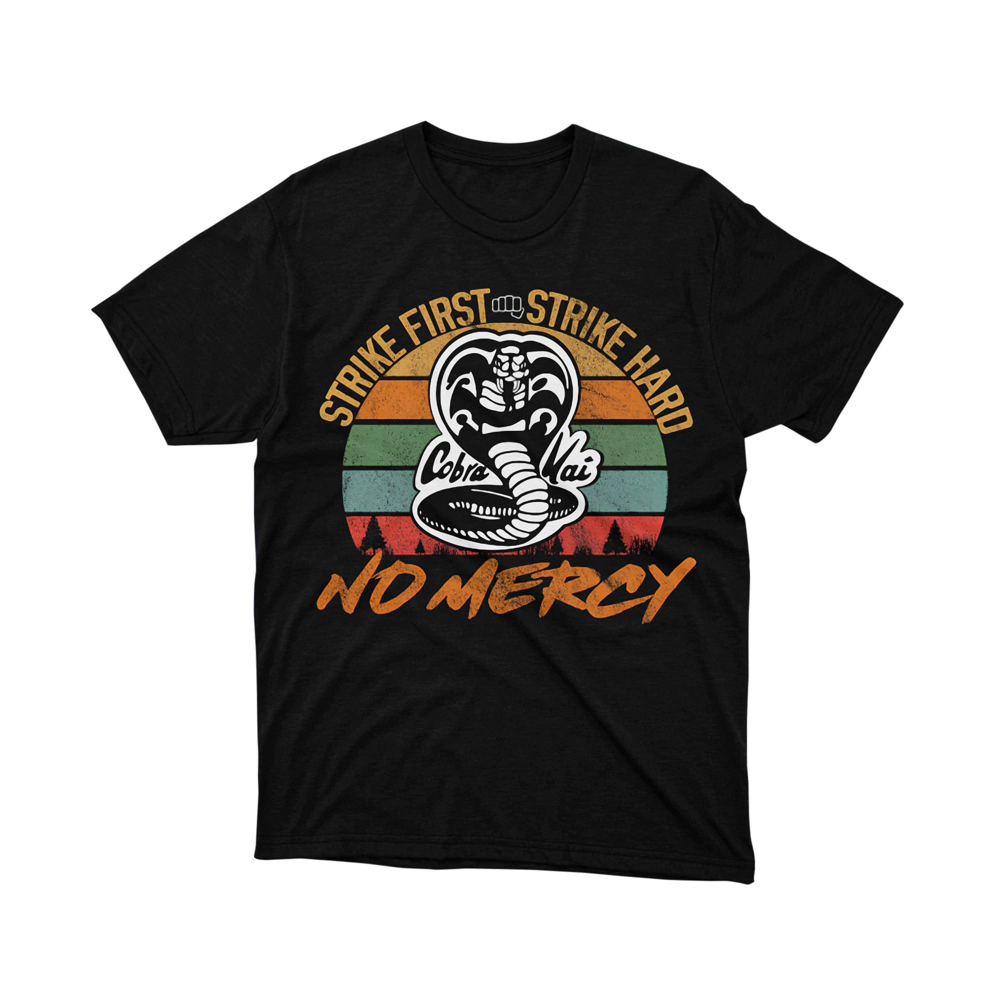 Cobra Kai Strike First Strike Hard No Mercy Retro Sunset Comic Karate Dojo Graphic Tee