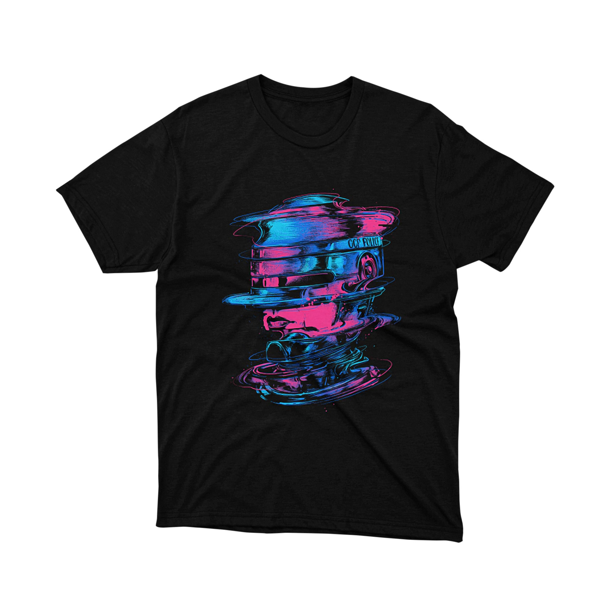 Cyberpunk Neon Glitched Robot Retro Head Art Tee Shirt