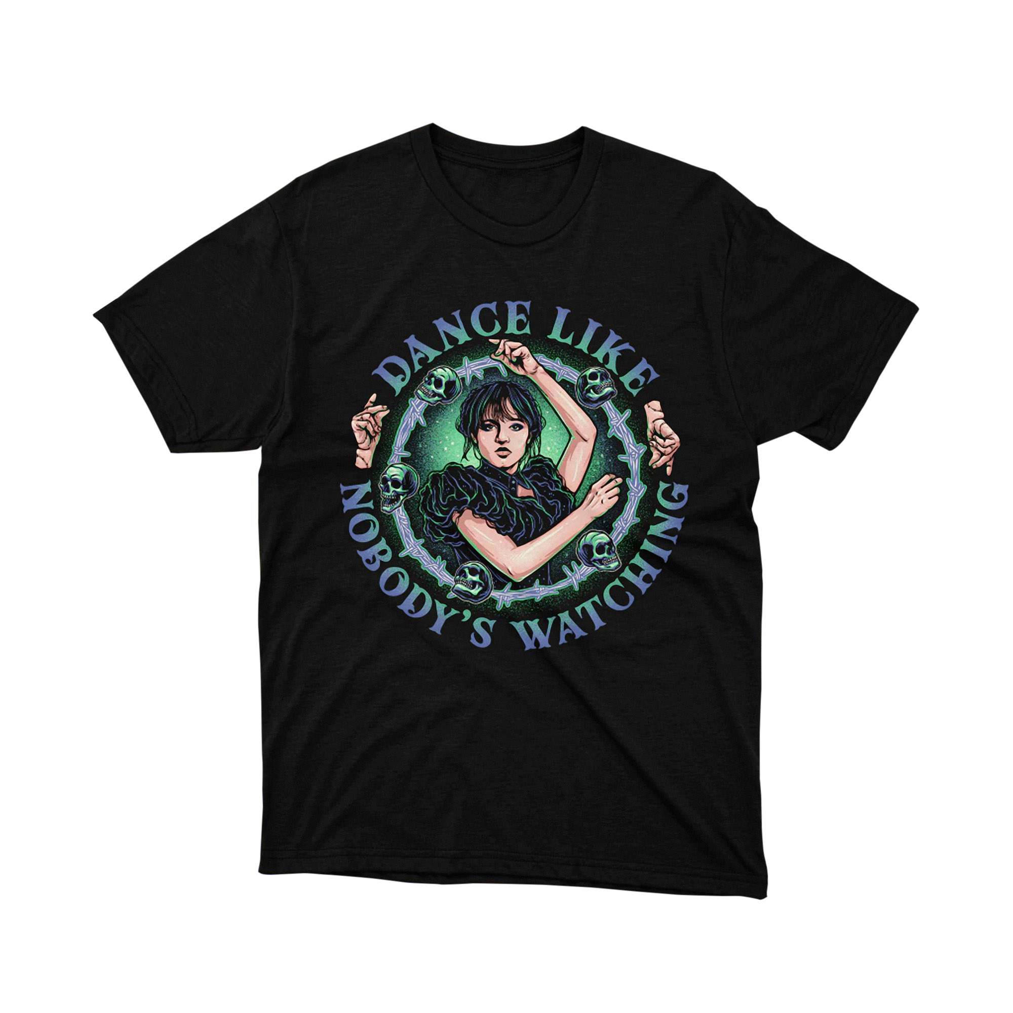 Dance Like Nobodys Watching Wednesday Addams Goth Girl Dark Barbed Wire Skull Tee Shirt