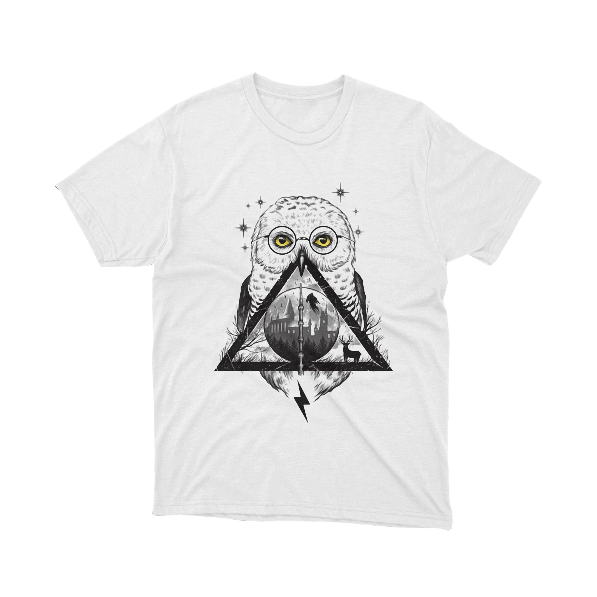 Deathly Hallows Magic Hogwarts Crest Forest Black and White Graphic Tee Unisex Shirt