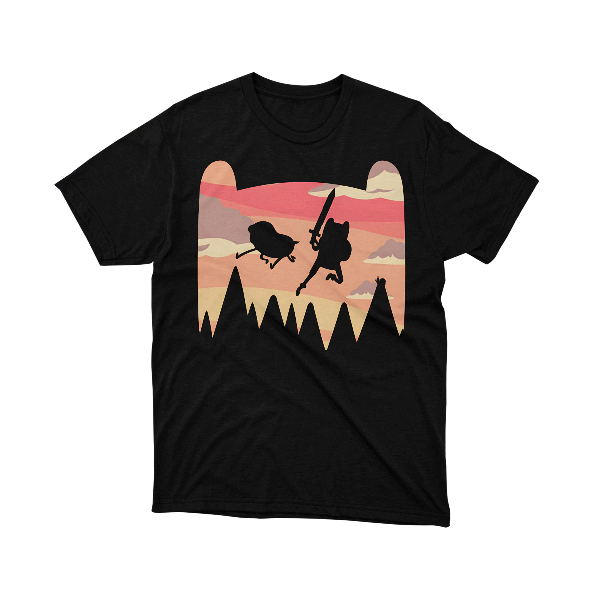 Finn Jake Sky Jump Silhouette Sunset Adventure Time Cartoon Art Tee Black Shirt