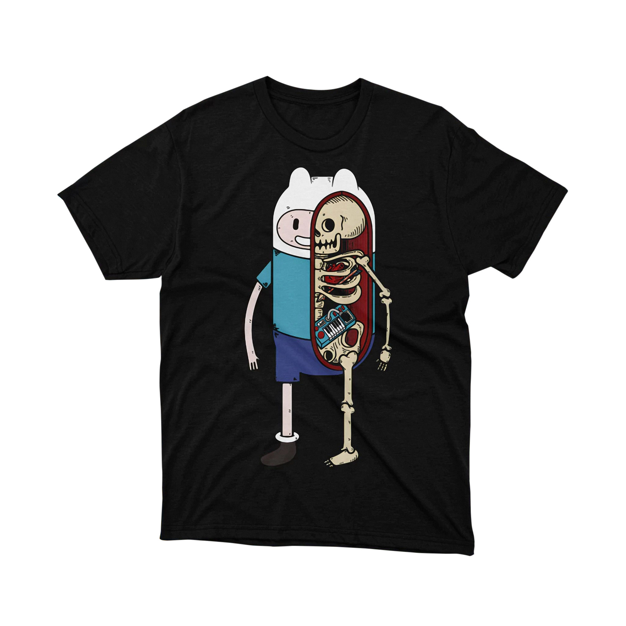 Finn Skeleton Anatomy Adventure Time Cartoon Parody Split Body Art Tee Black Shirt