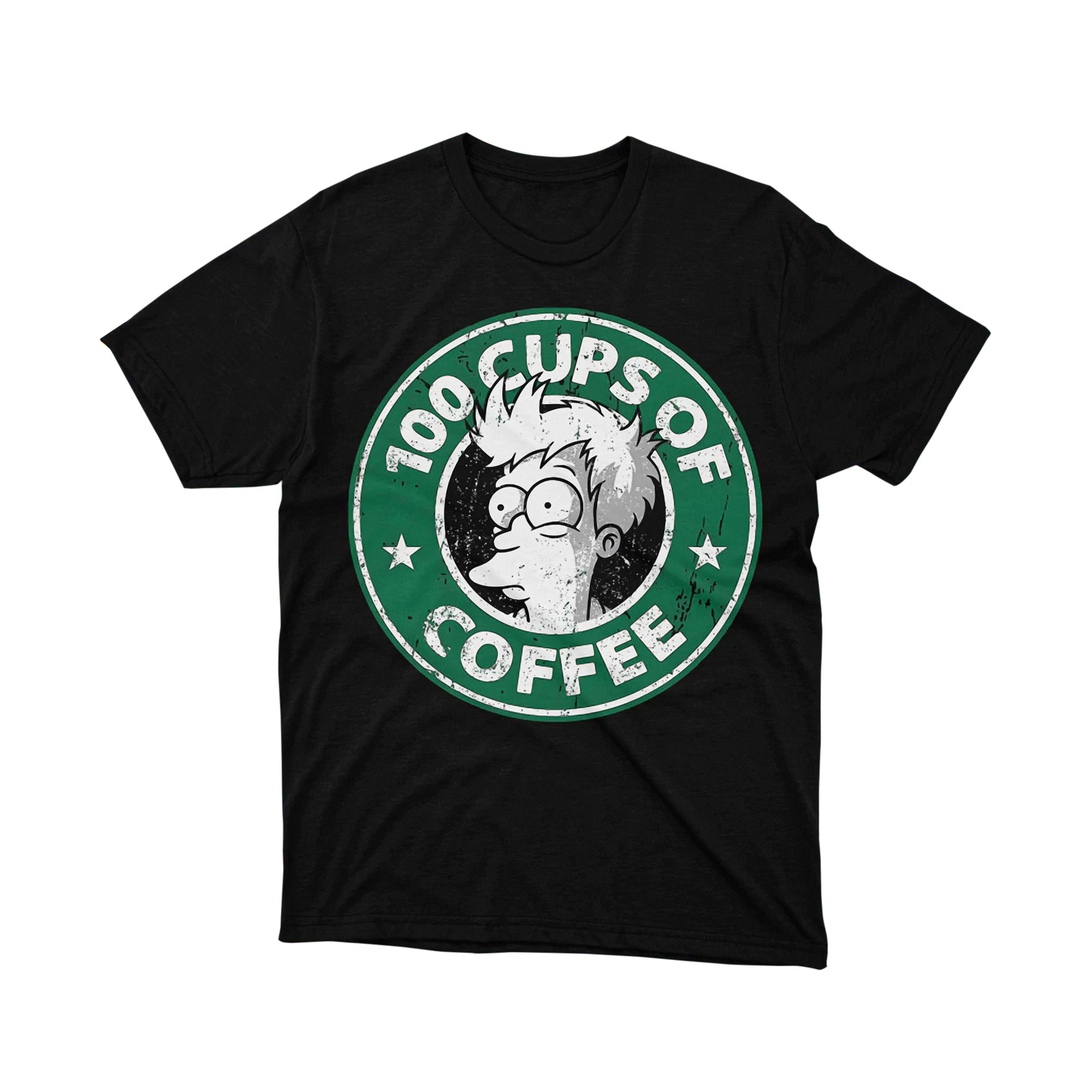 Fry 100 Cups of Coffee Green Logo Futurama Tee Shirt