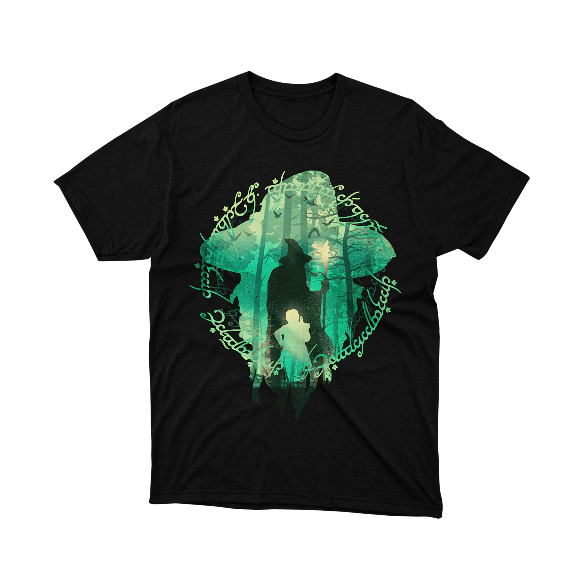 Gandalf Frodo Green Forest Silhouette Lord of the Rings Parody T Shirt Nature Unisex