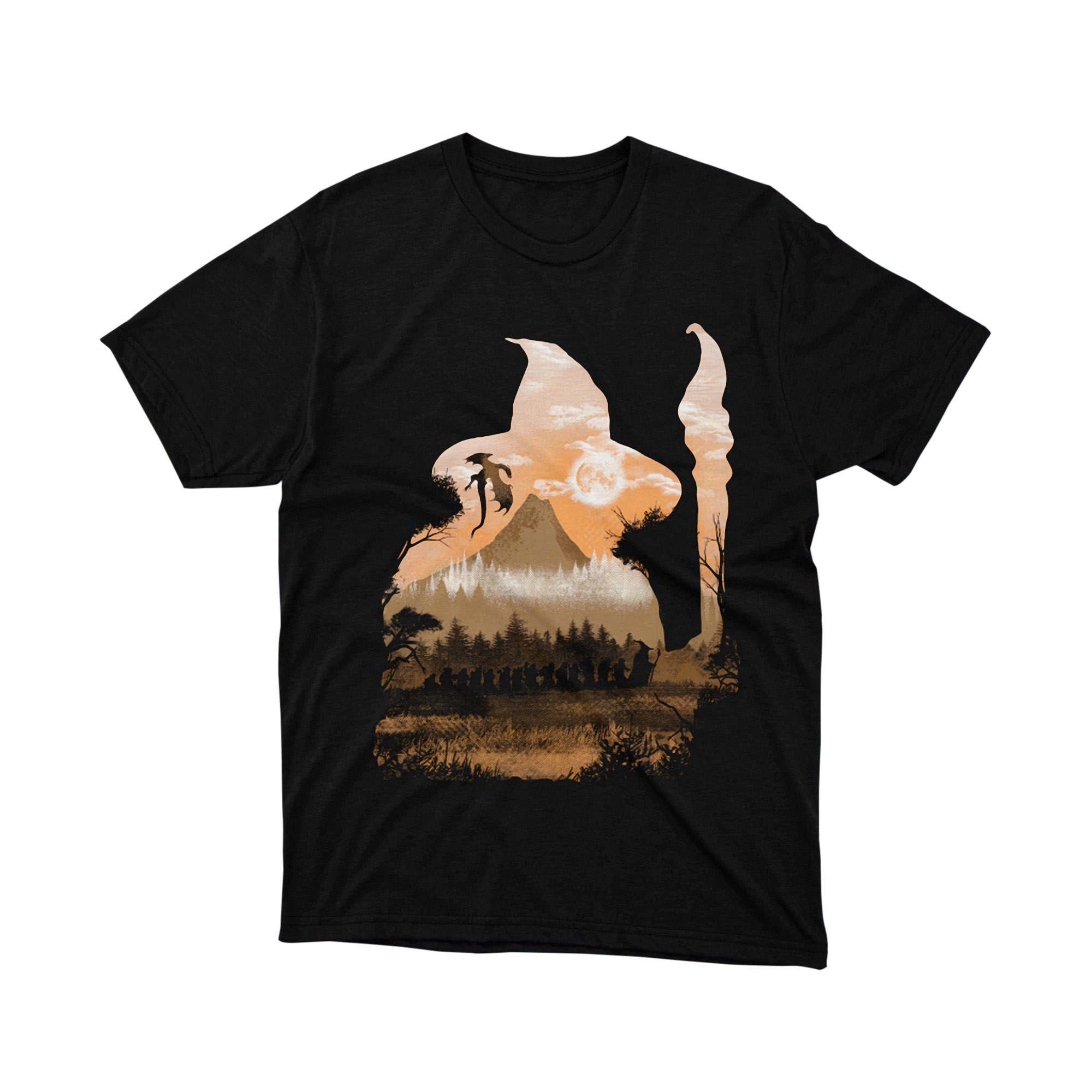 Gandalf Wizard Mountain Silhouette Lord of the Rings T Shirt Brown Fantasy Unisex