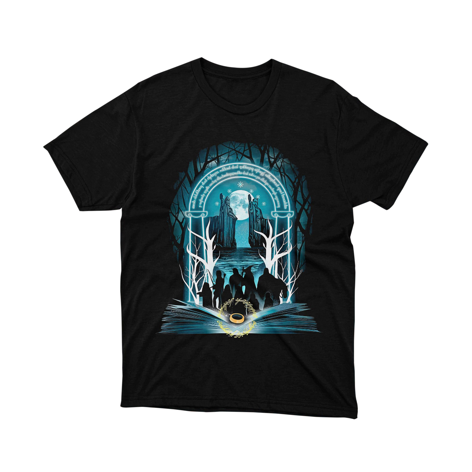 Gates of Argonath Open Book Lord of the Rings Art T Shirt Blue Fantasy Unisex