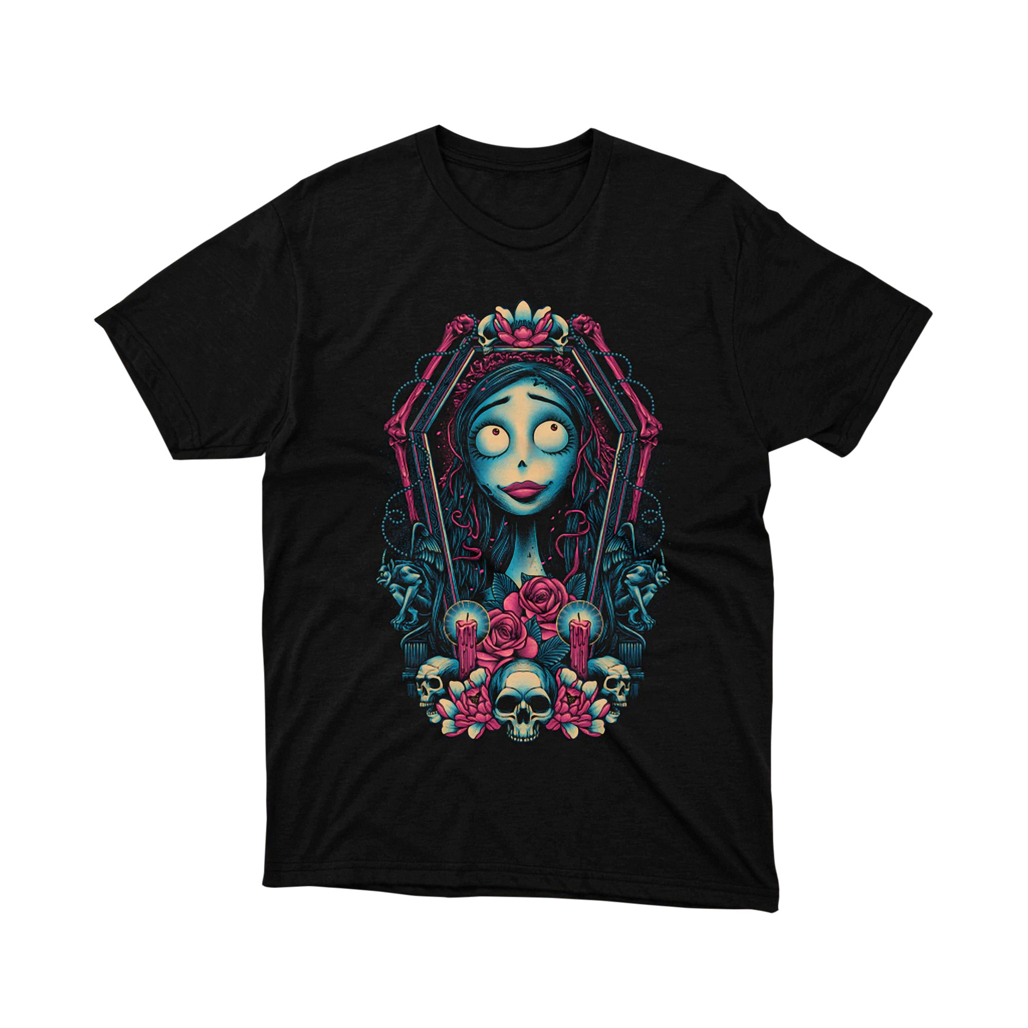 Gothic Bride Coffin Frame Roses Candle Skull Art Tee Shirt