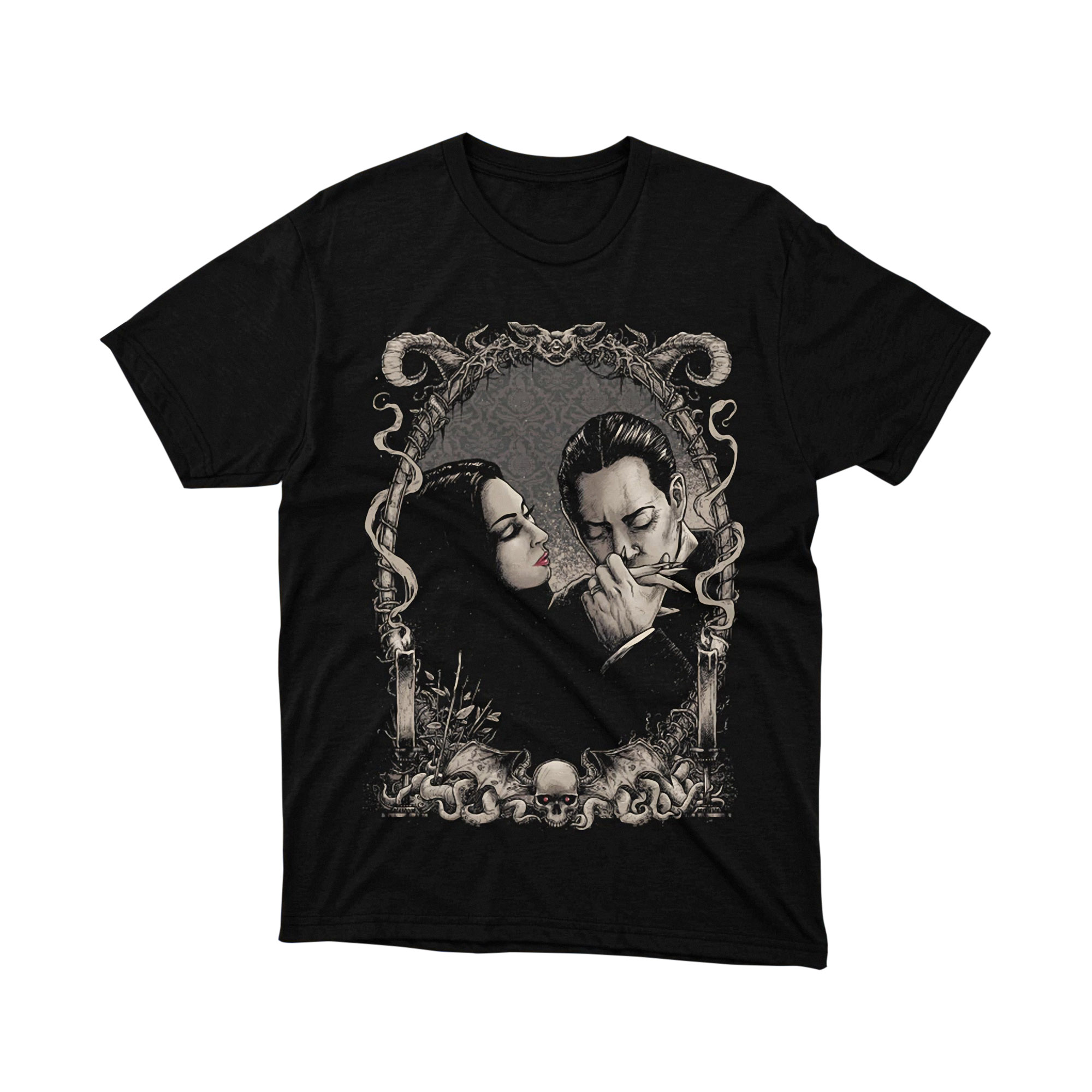 Gothic Mirror Portrait Wednesday Addams Skull Snake Frame Sepia Dark Art Tee Shirt