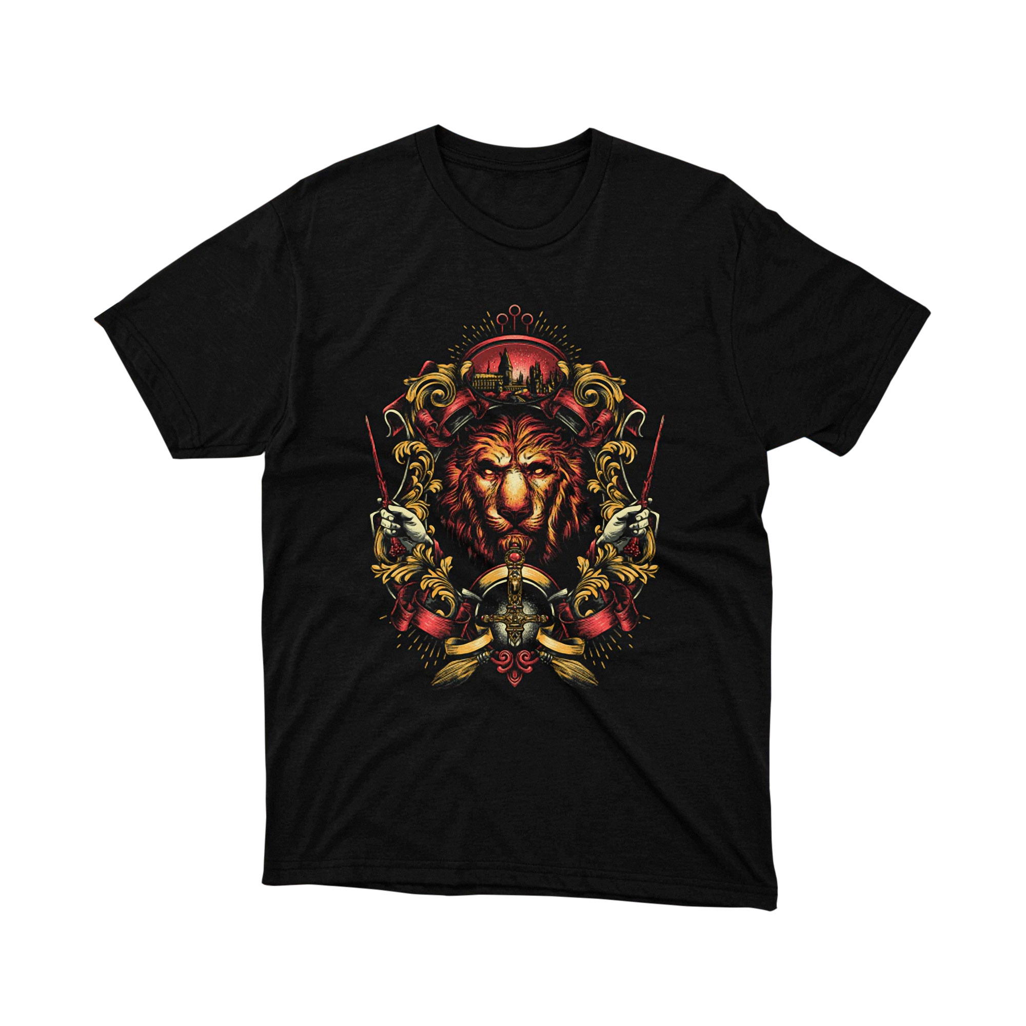 Gryffindor Lion Crest Magic School Red Gold Wizard Graphic Tee Fantasy TShirt