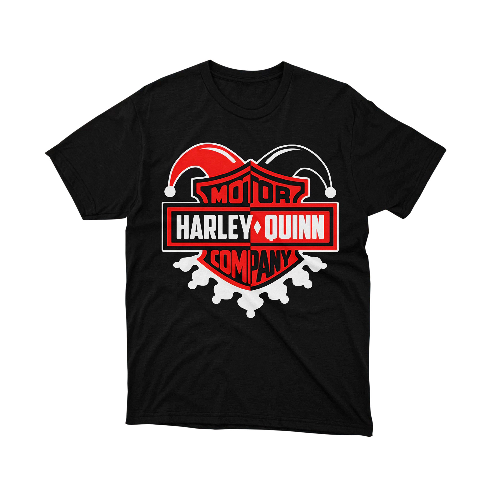 Harley Quinn Motor Company Parody T Shirt Red Black Jester Logo Unisex