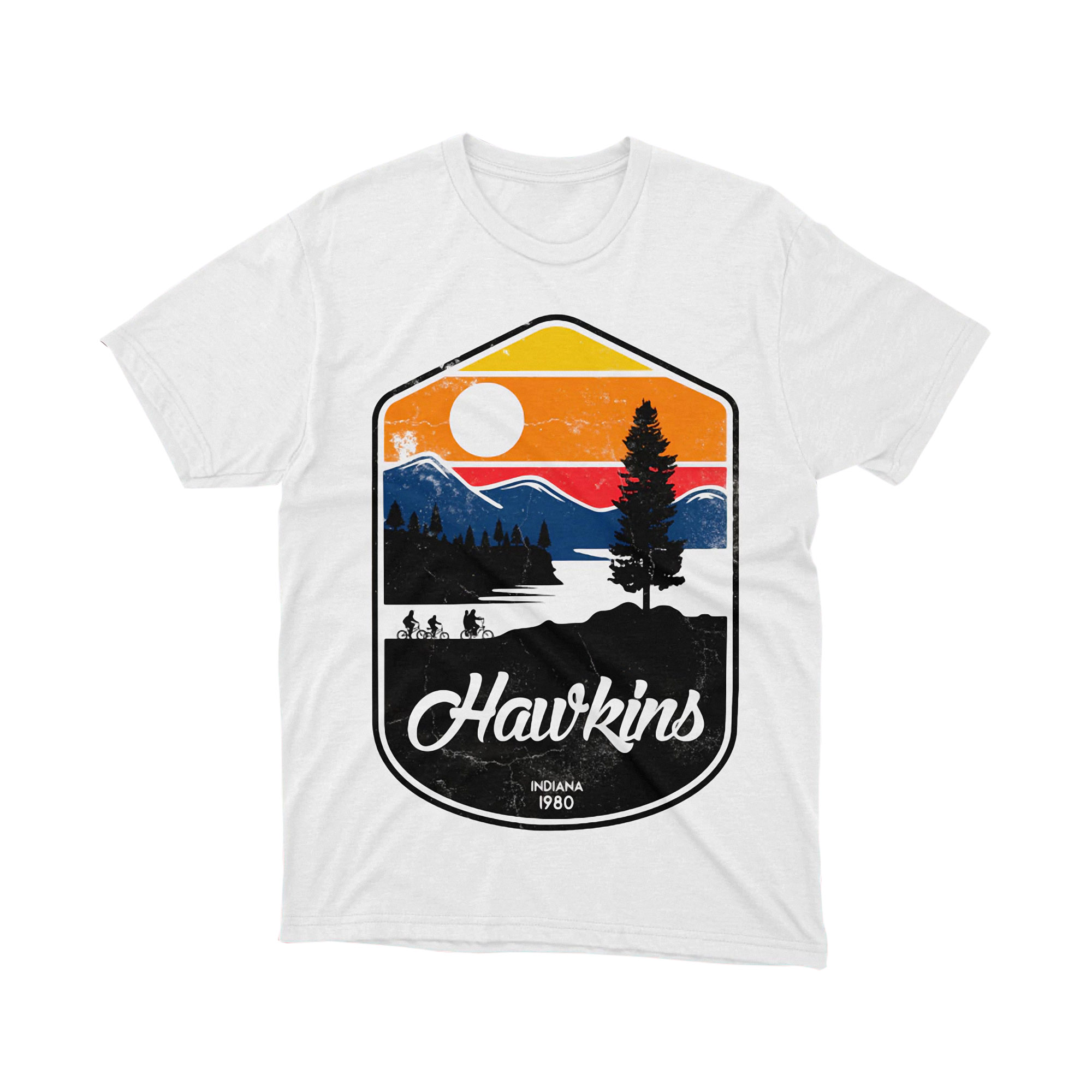 Hawkins Indiana Retro Badge Stranger Things Parody T Shirt Biking Sun Nature Unisex