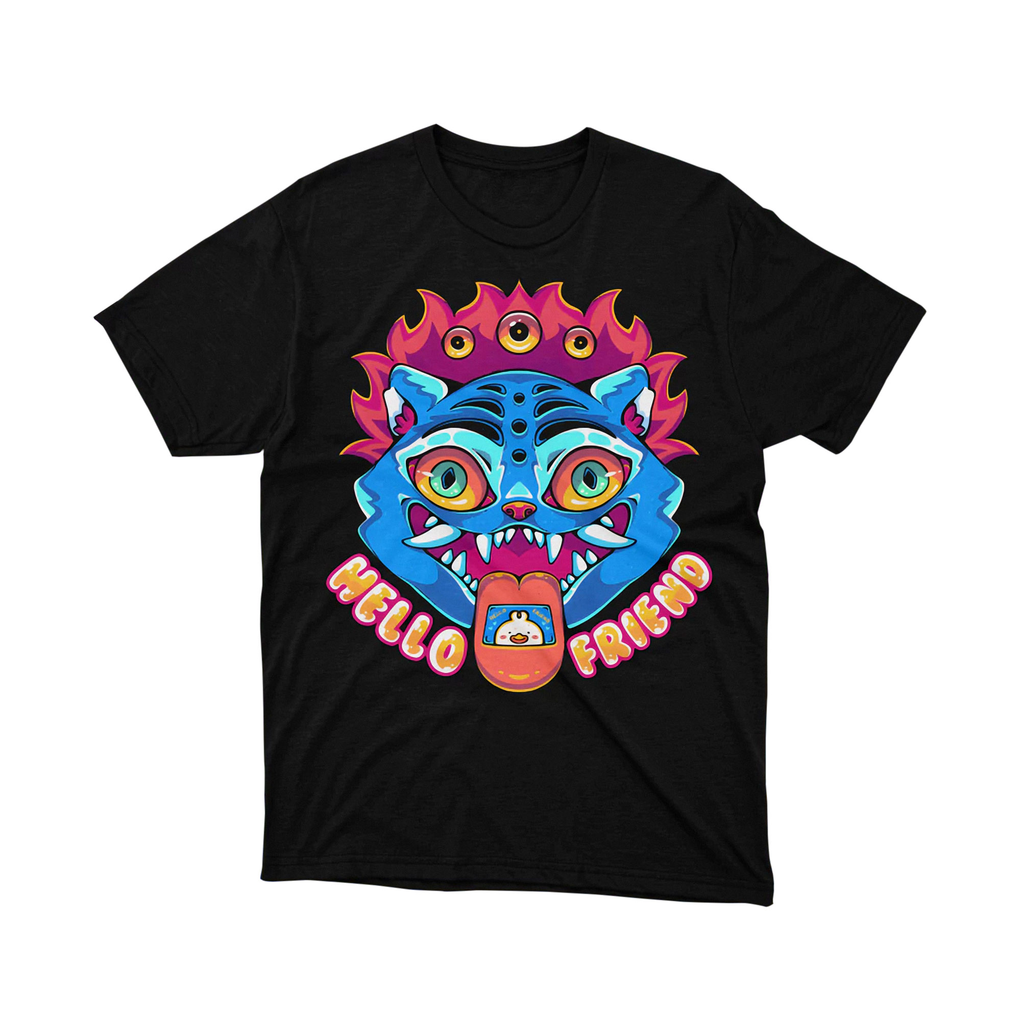 Hello Friend Anime Cat Mascot Graphic Tee Three Eyes Blue Cartoon Kpop Shirt